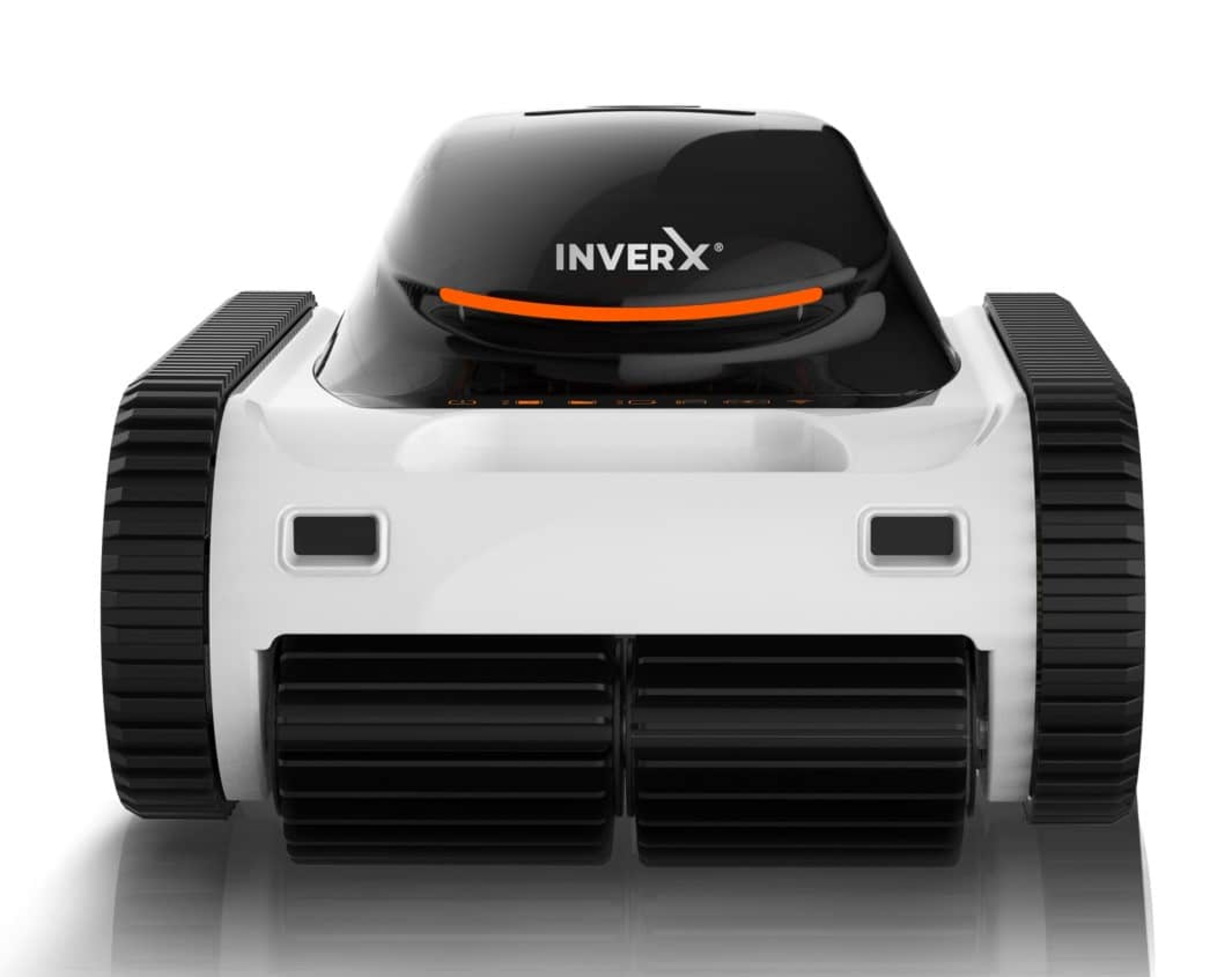 Un robot blanco con orugas negras y parte superior negra con acento naranja.