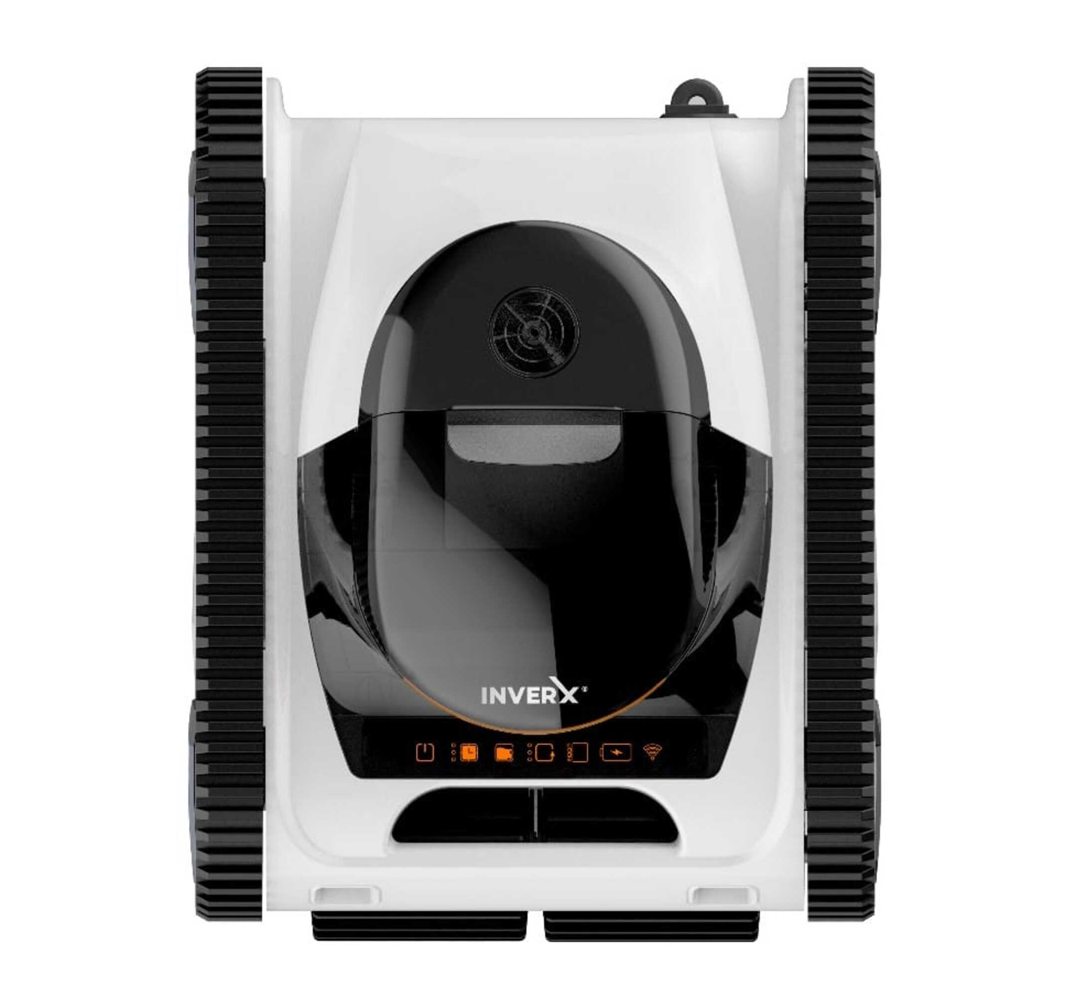 Un robot blanco con orugas negras y carcasa superior negra brillante.