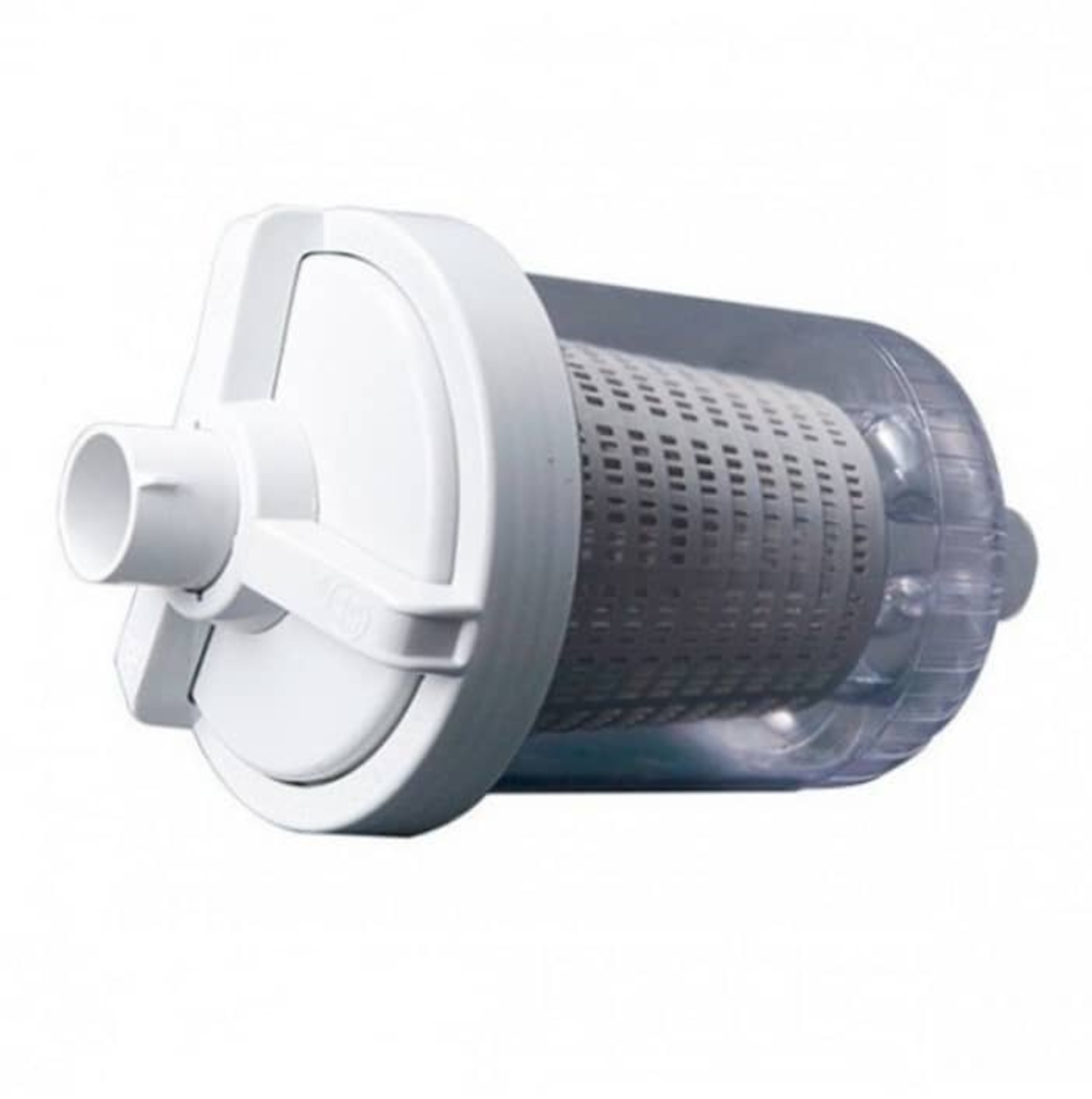Un filtro de agua blanco y transparente con un cilindro perforado.