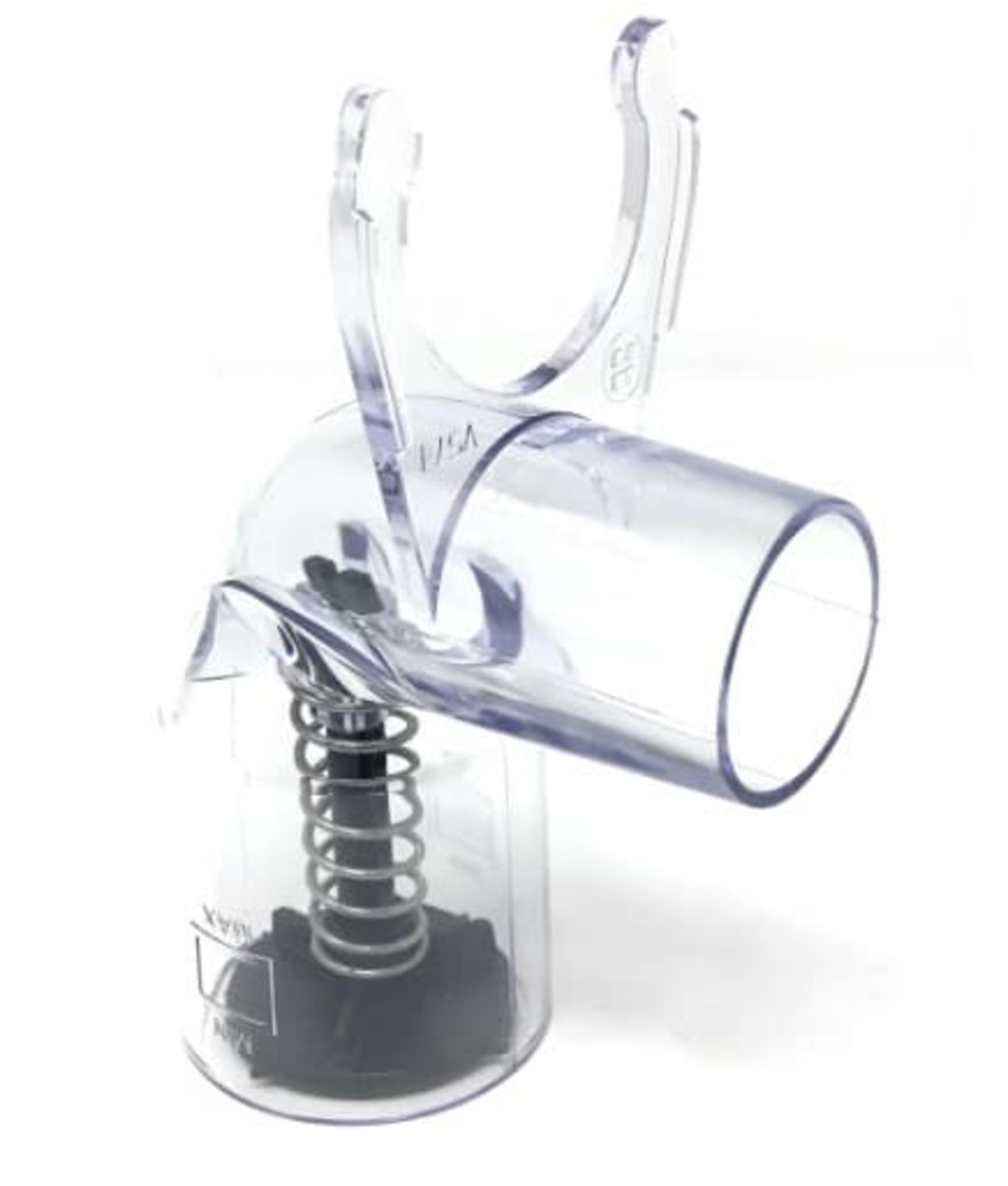 Un accesorio nebulizador de plástico transparente con resorte y base negra.