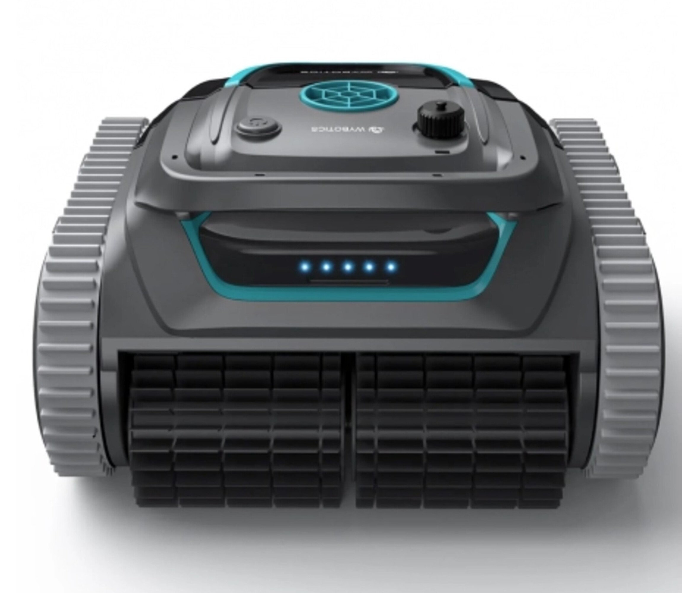 Robot de piscina gris con detalles azules y orugas sobre fondo blanco.