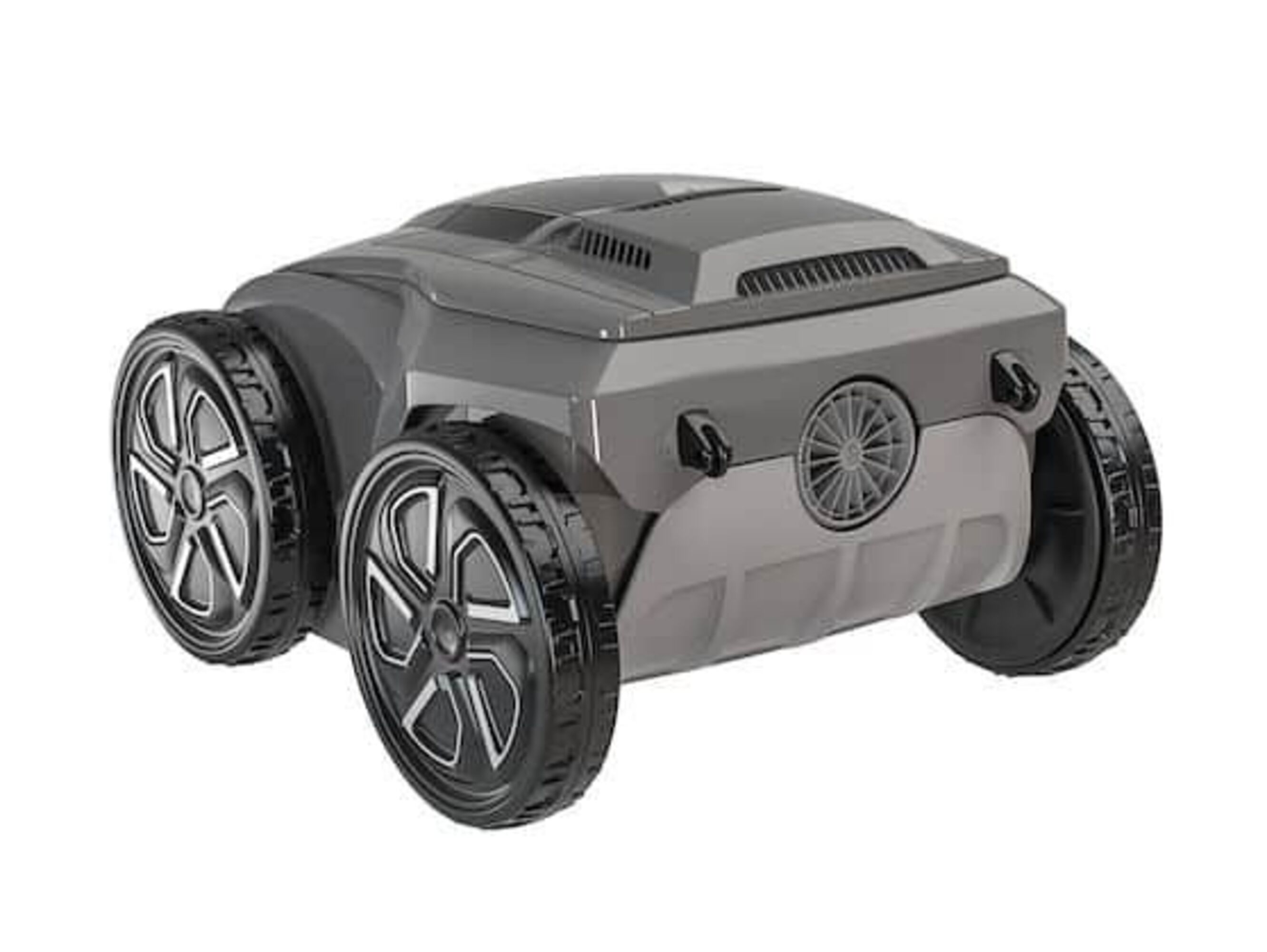 Un cortacésped robótico gris con cuatro ruedas se muestra sobre un fondo blanco.