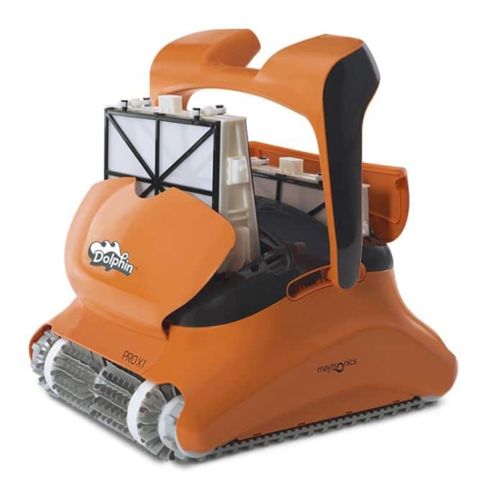 Un robot limpiador de piscinas naranja con orugas y filtros.