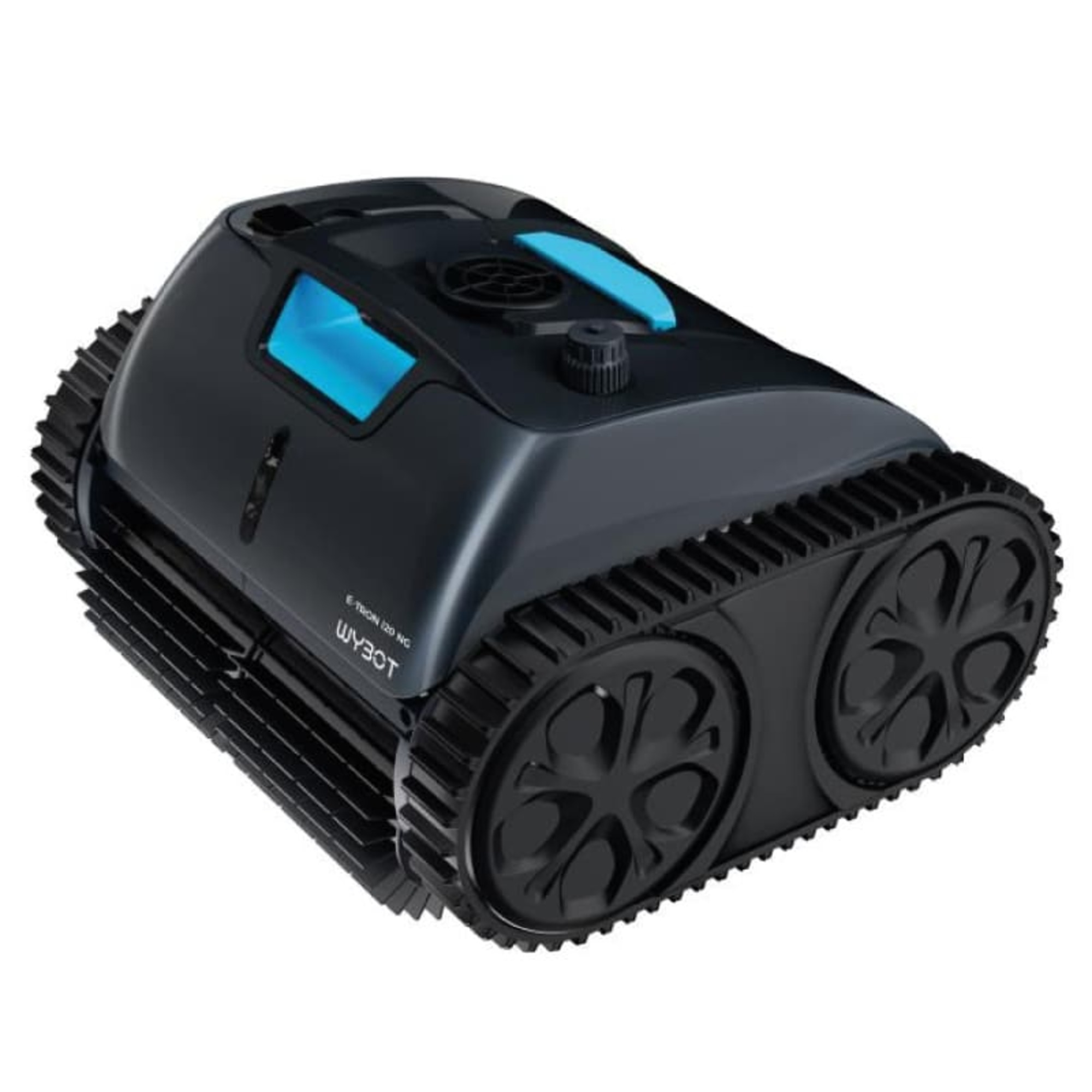 Robot pulitore piscina nero con accenti blu e trazione a cingoli.