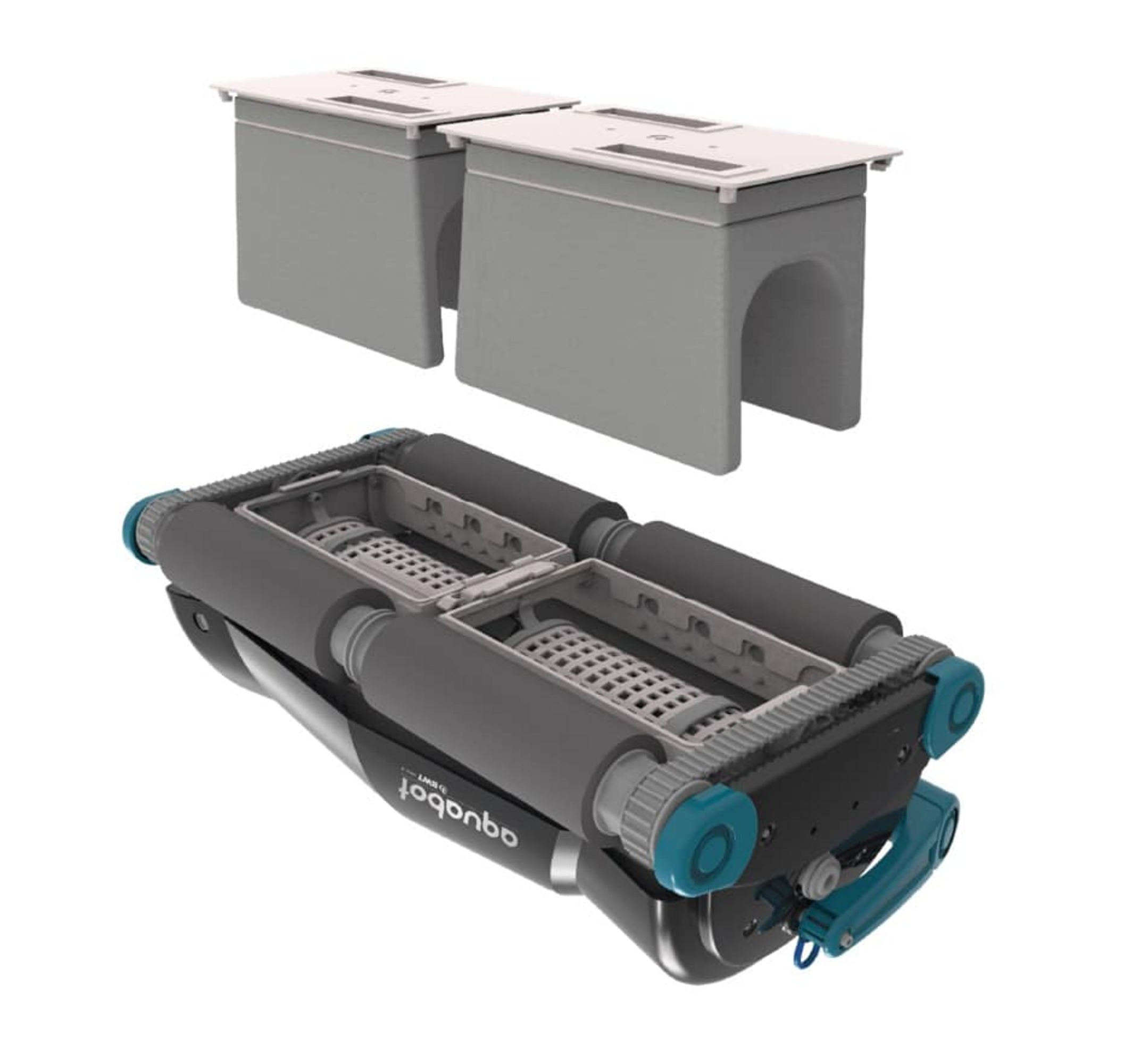 Un robot de piscina con dos cubos grises.