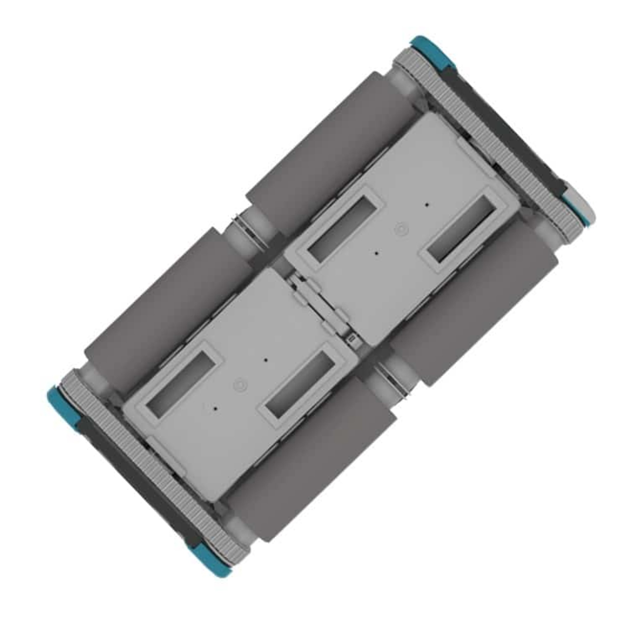 Un robot de piscina gris con detalles azules y ruedas.