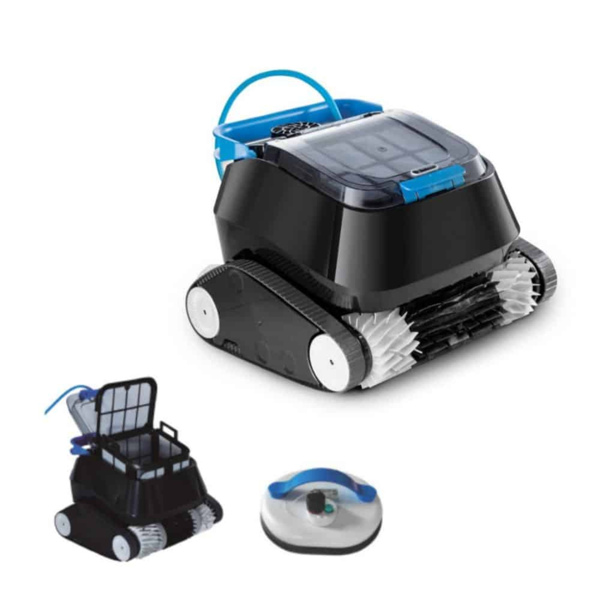 Un robot de piscina negro con detalles azules y orugas.