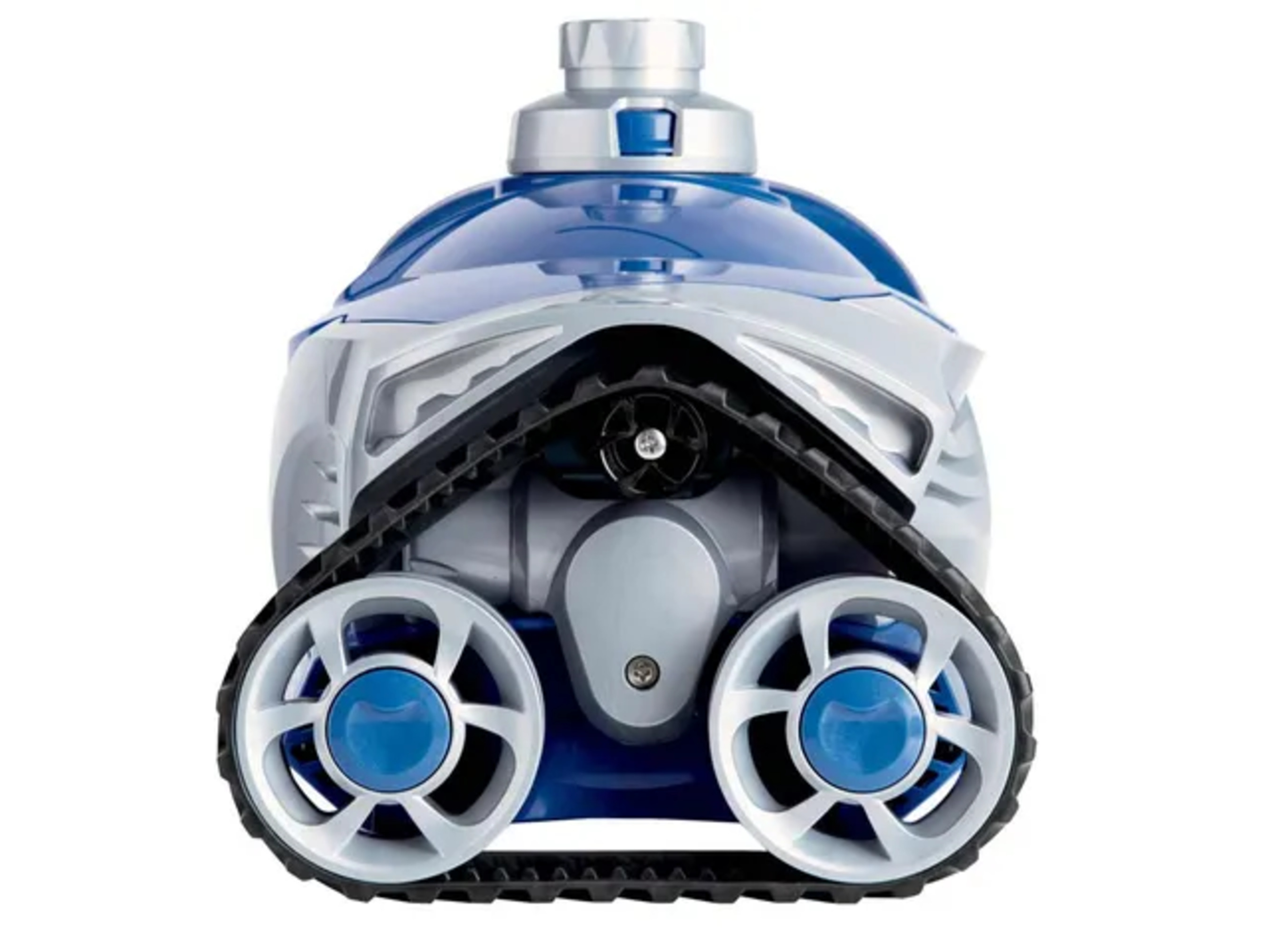 Ein blauer und silberner Poolroboter mit Ketten und Rädern auf weißem Hintergrund.