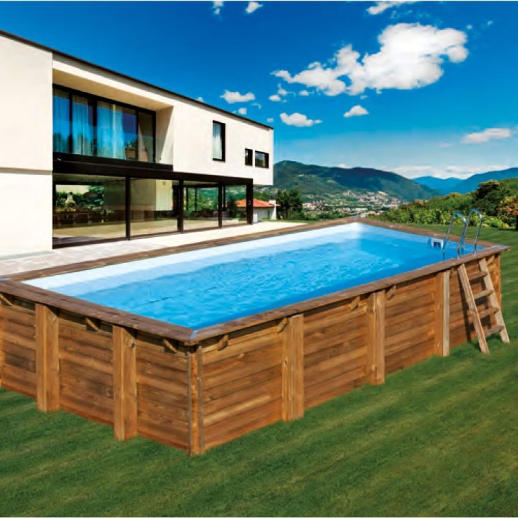 Una piscina rectangular de madera con escalera frente a una casa moderna.