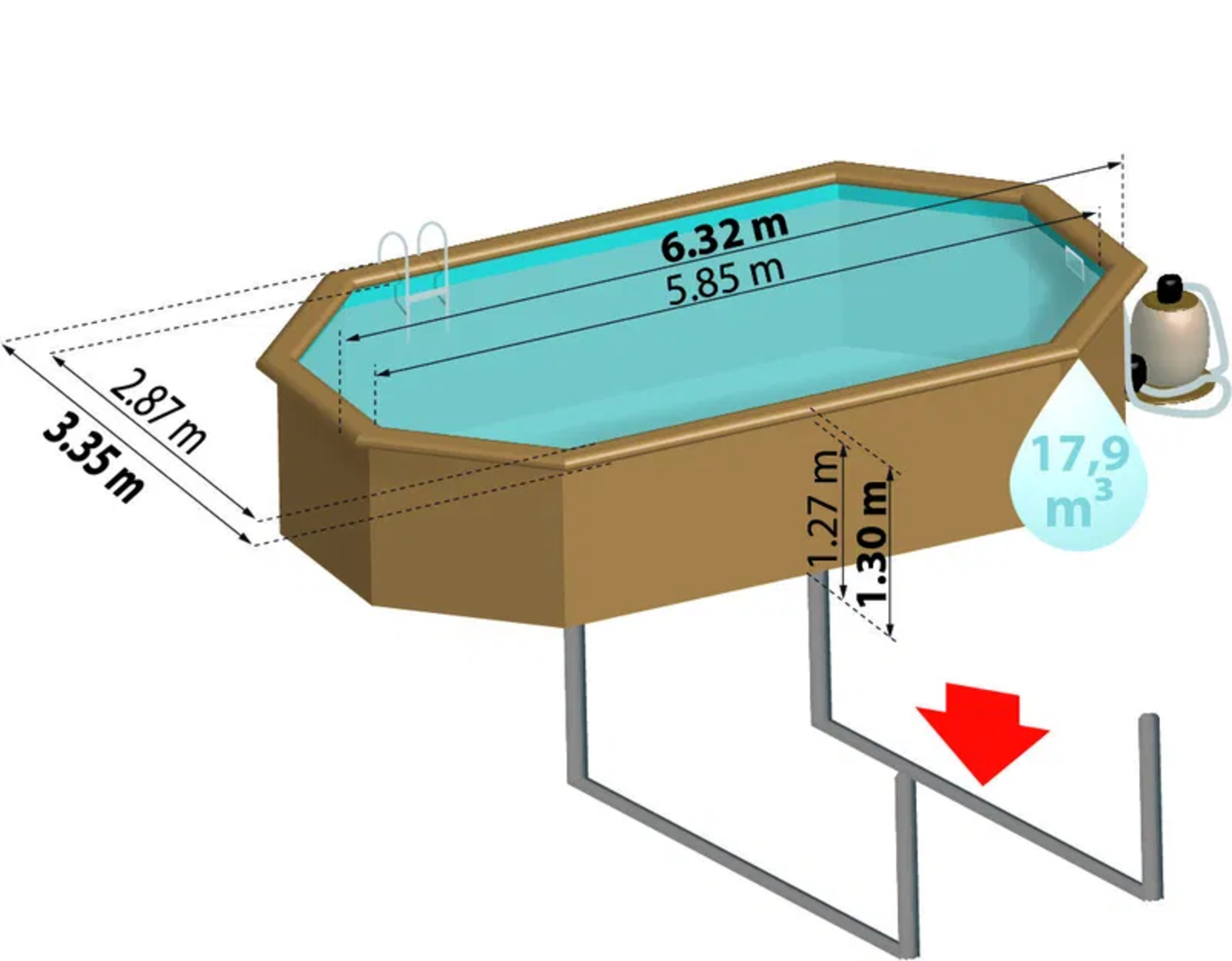 Una piscina rectangular con escalera, filtro y dimensiones.