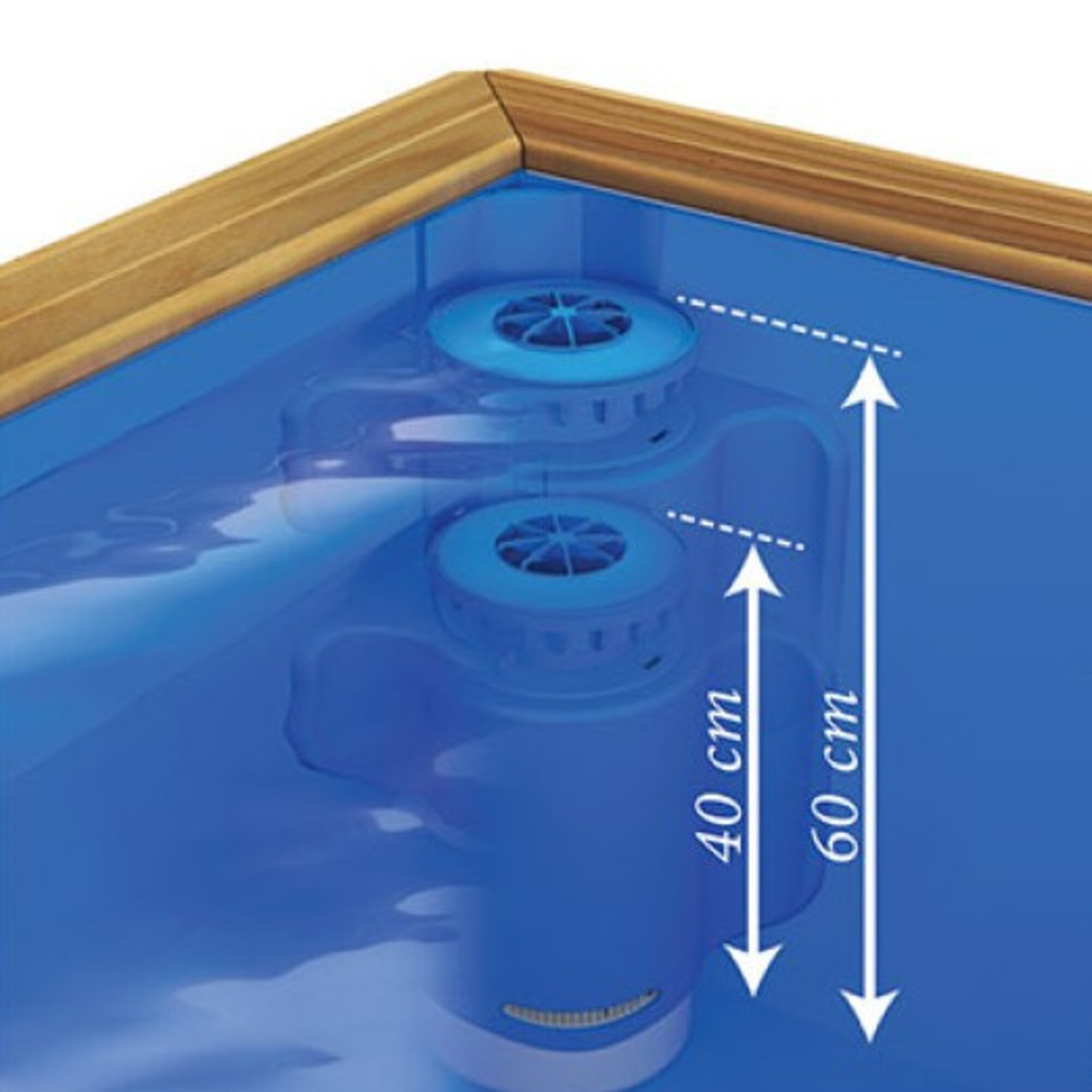 Entradas azules en una piscina con borde de madera, marcas a 40 y 60 cm.