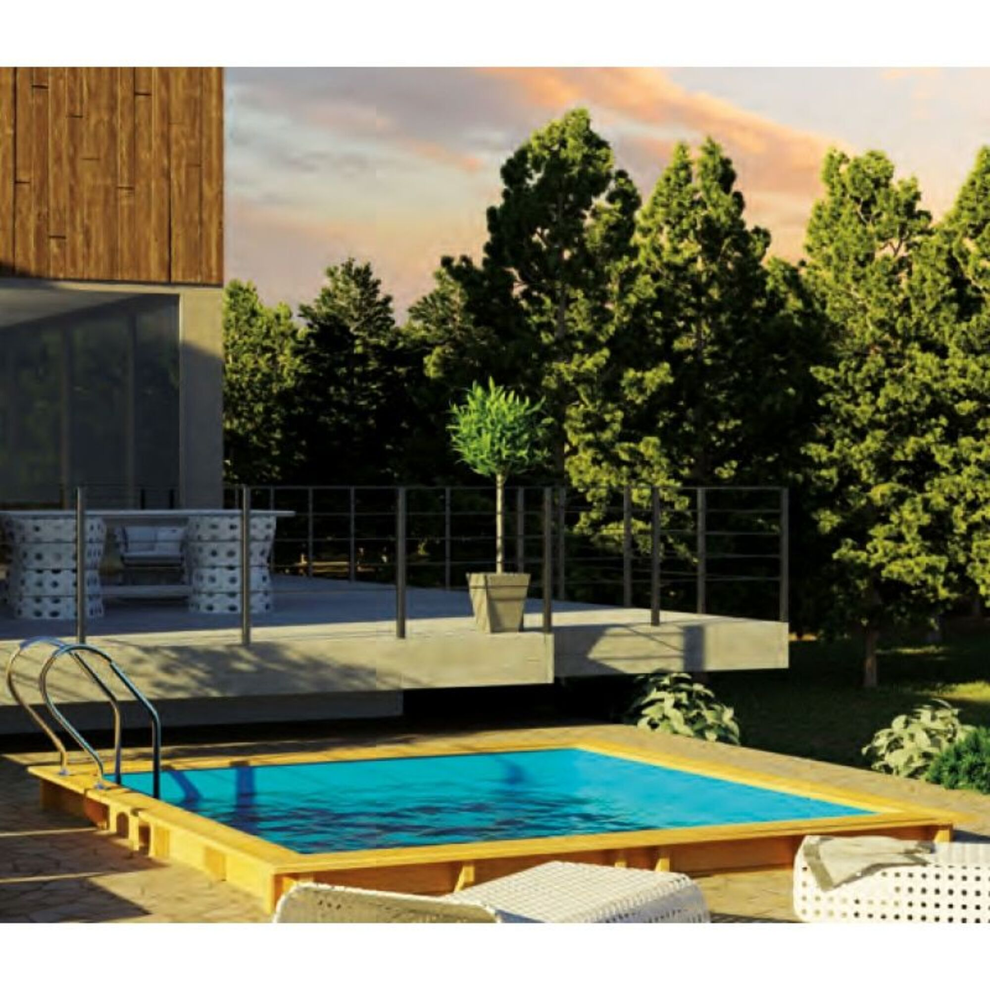Una piscina moderna con terraza de madera, junto a una casa con detalles de madera y árboles.
