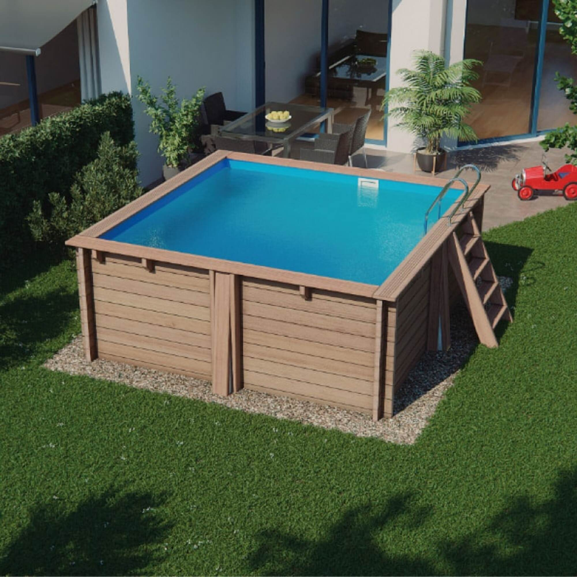 Una piscina rectangular con revestimiento de madera y escalera en un jardín.