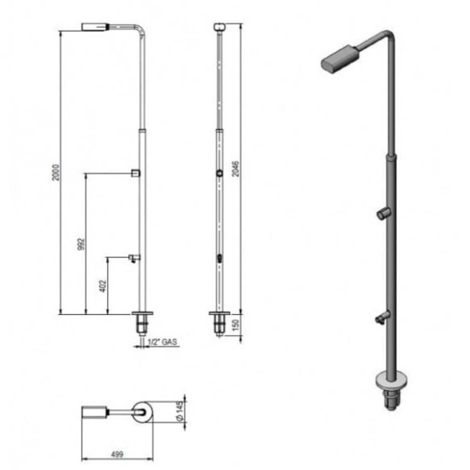 Dibujo técnico de columna de ducha con ducha superior, ducha de mano y montaje en suelo.
