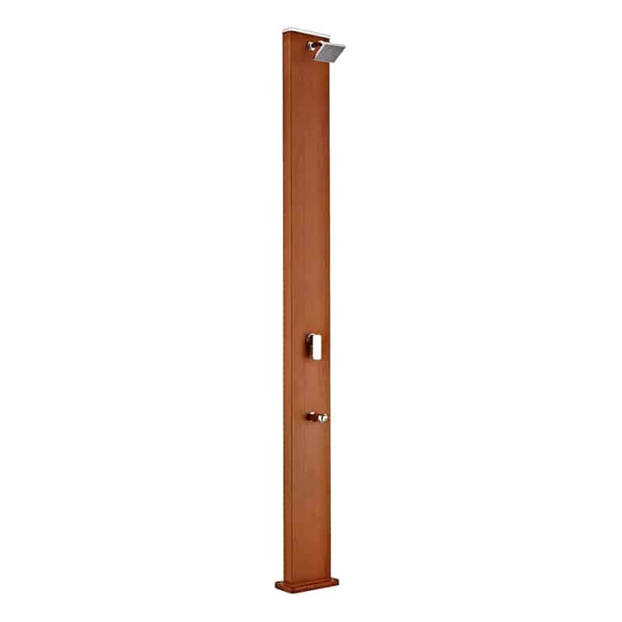 Columna de ducha de madera marrón con accesorios cromados, independiente.