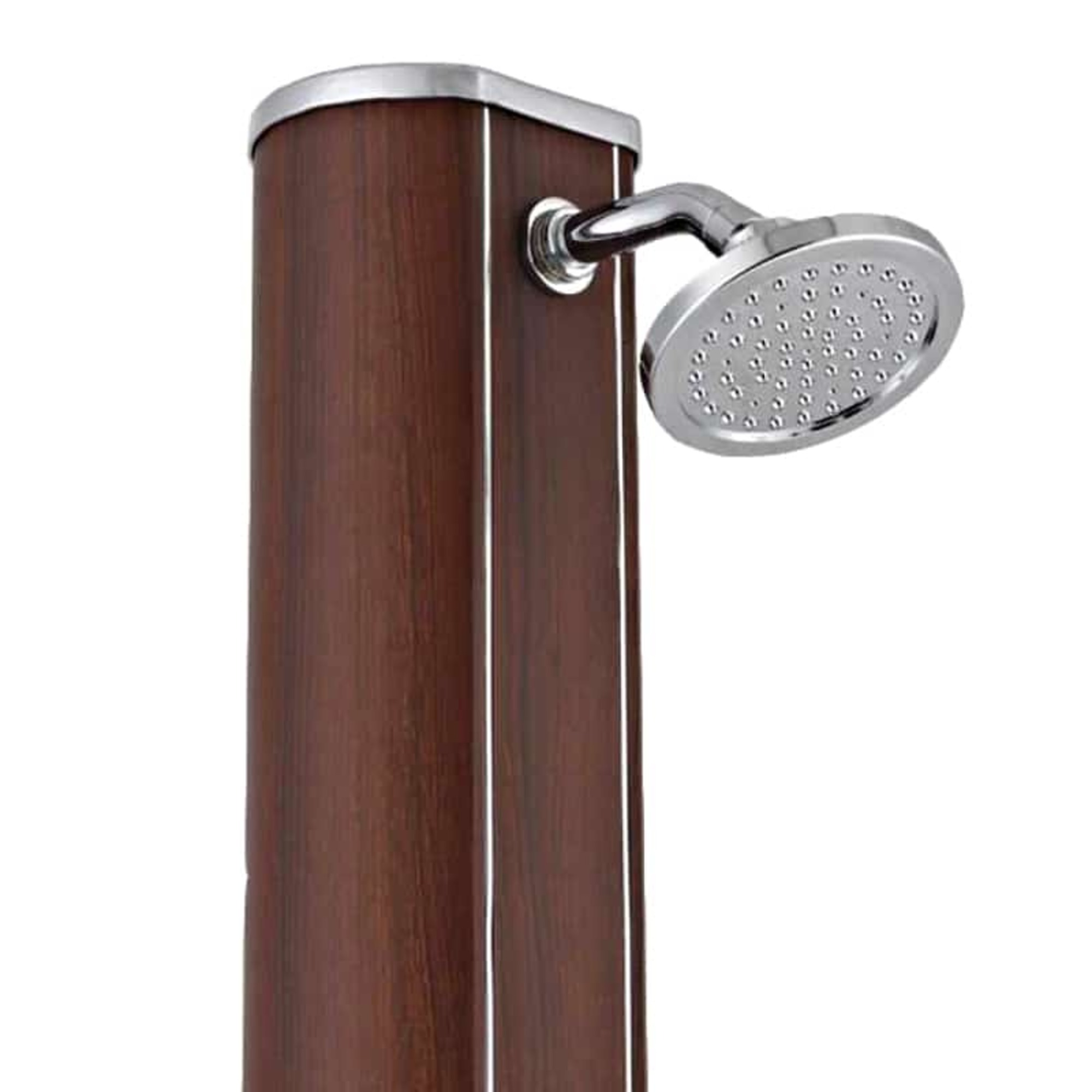 Columna de ducha marrón con ribetes cromados y alcachofa.