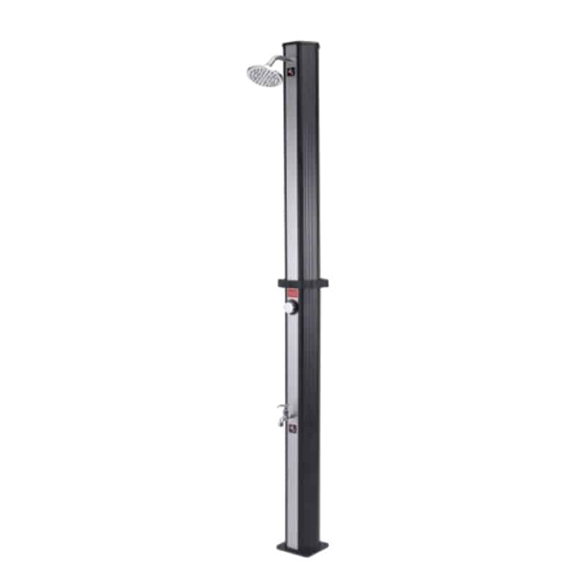 Una elegante columna de ducha oscura con cabezal de ducha arriba y grifo abajo.