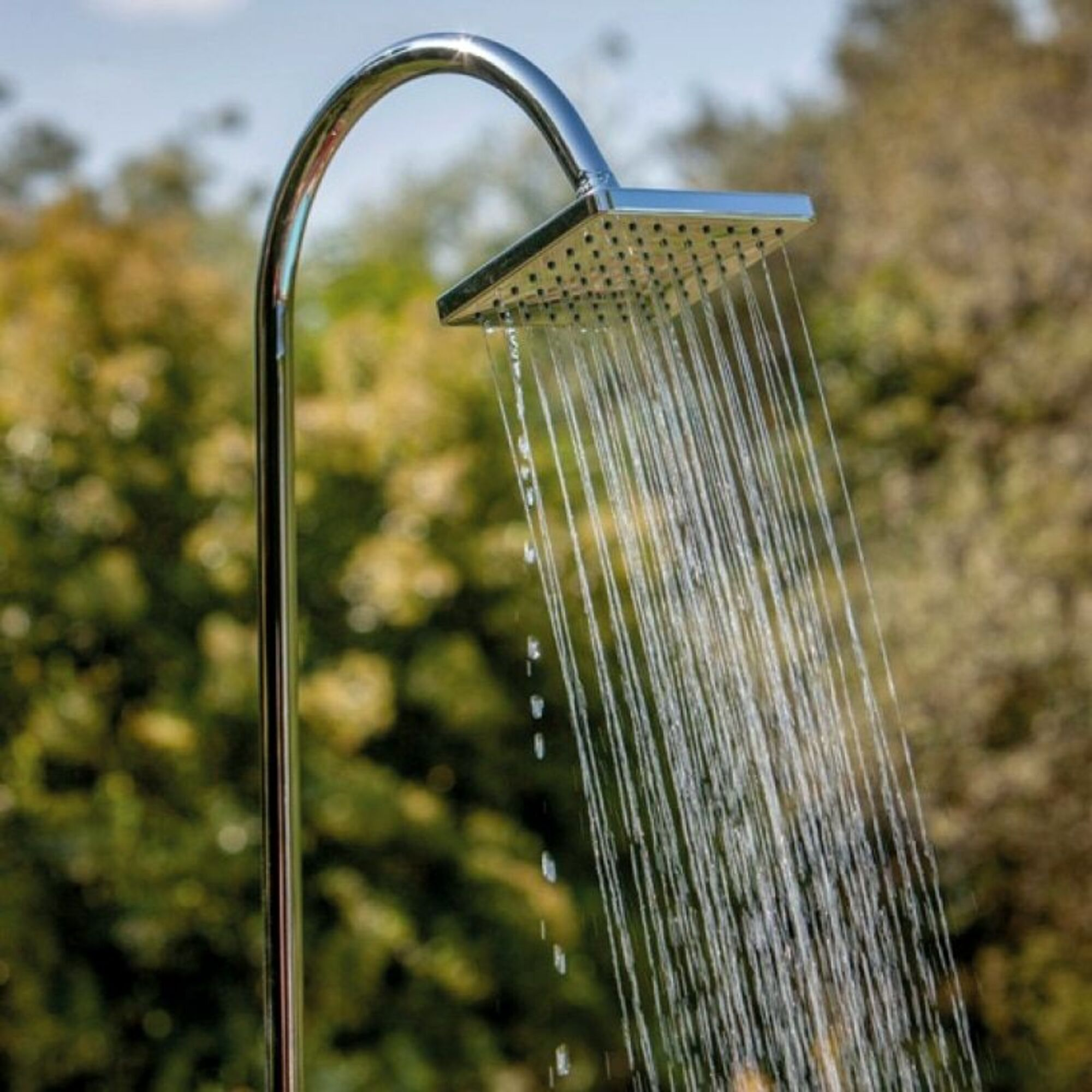 Cabezal de ducha brillante con chorros de agua sobre follaje verde.