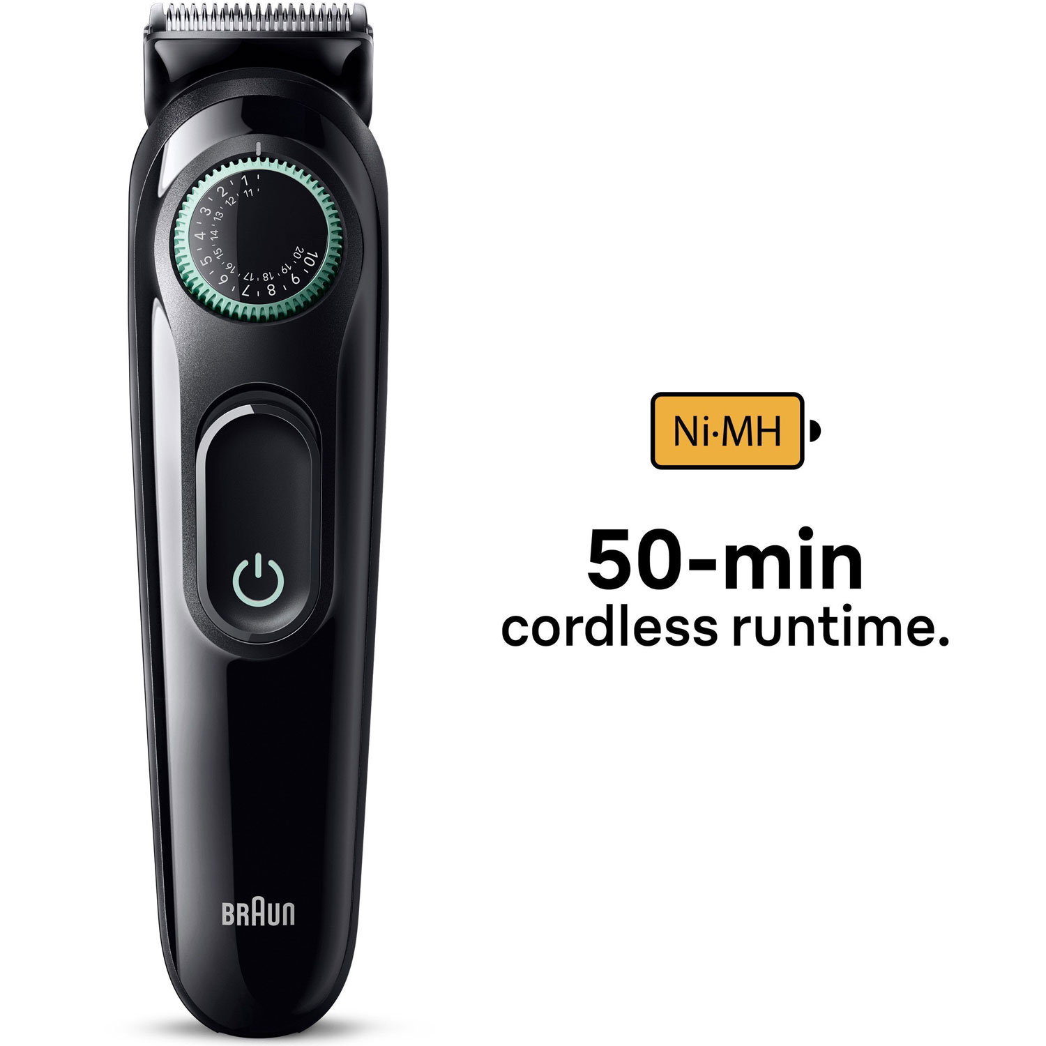 Czarna maszynka do brody z pokrętłem regulacji i przyciskiem zasilania. Bateria Ni-MH.