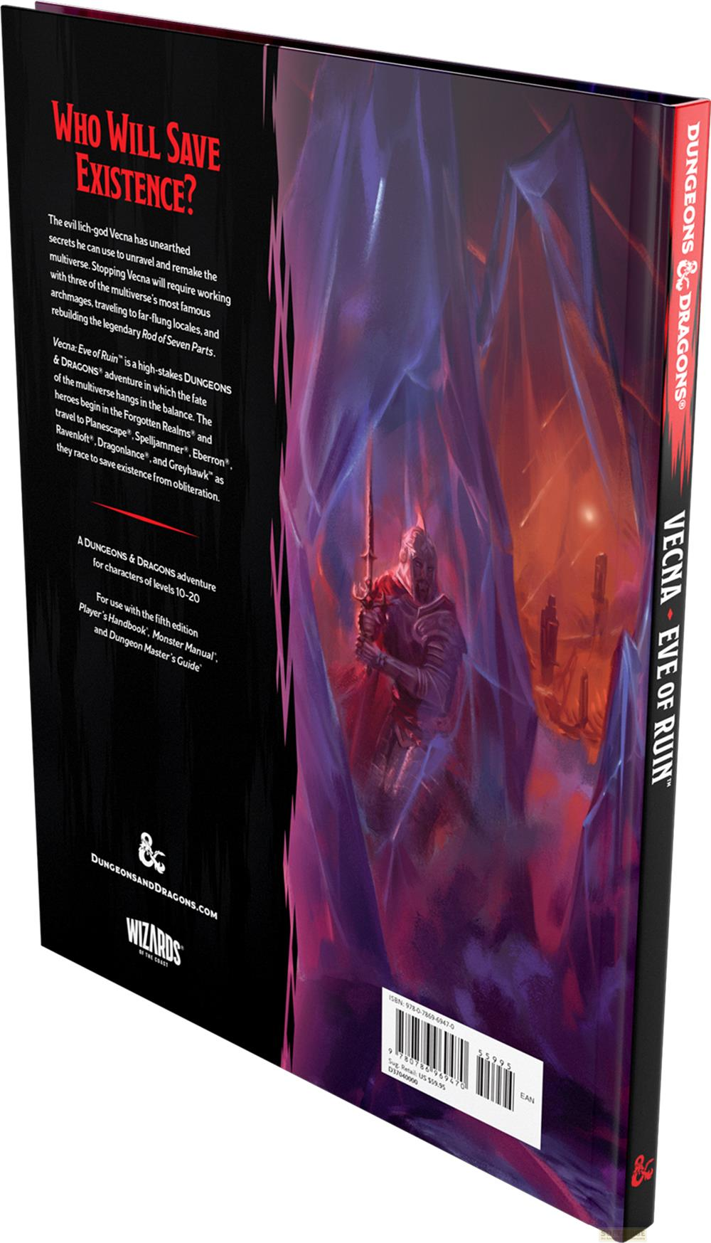 Ein Krieger mit Helm und Schwert steht in einer eisigen, violetten Höhle. D&D Buch.