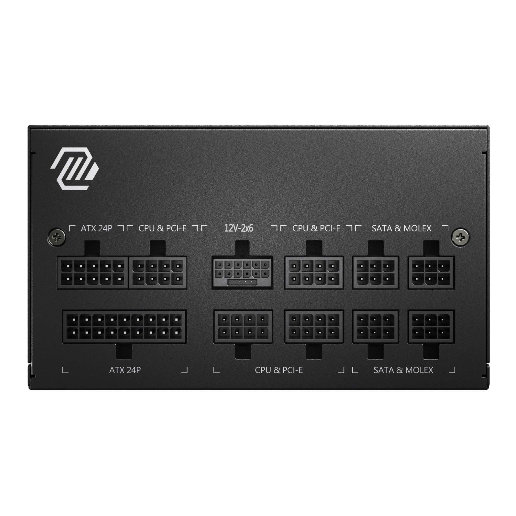 Czarny zasilacz z gniazdami ATX, CPU, PCI-E, SATA i Molex.