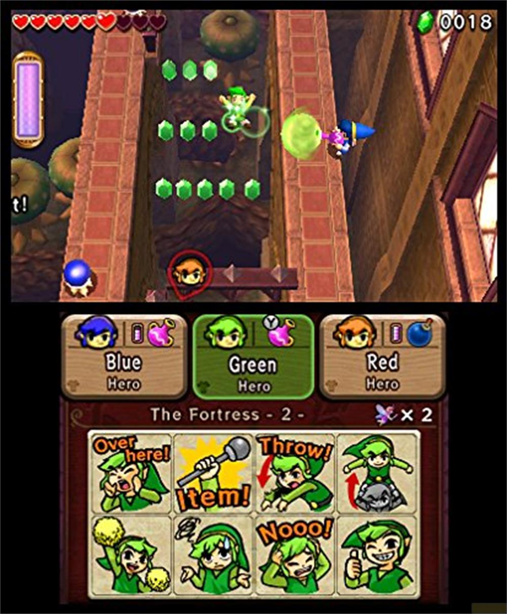 Ein Spielcharakter springt, sammelt Edelsteine. Unten sind Charakter- und Emote-Optionen.