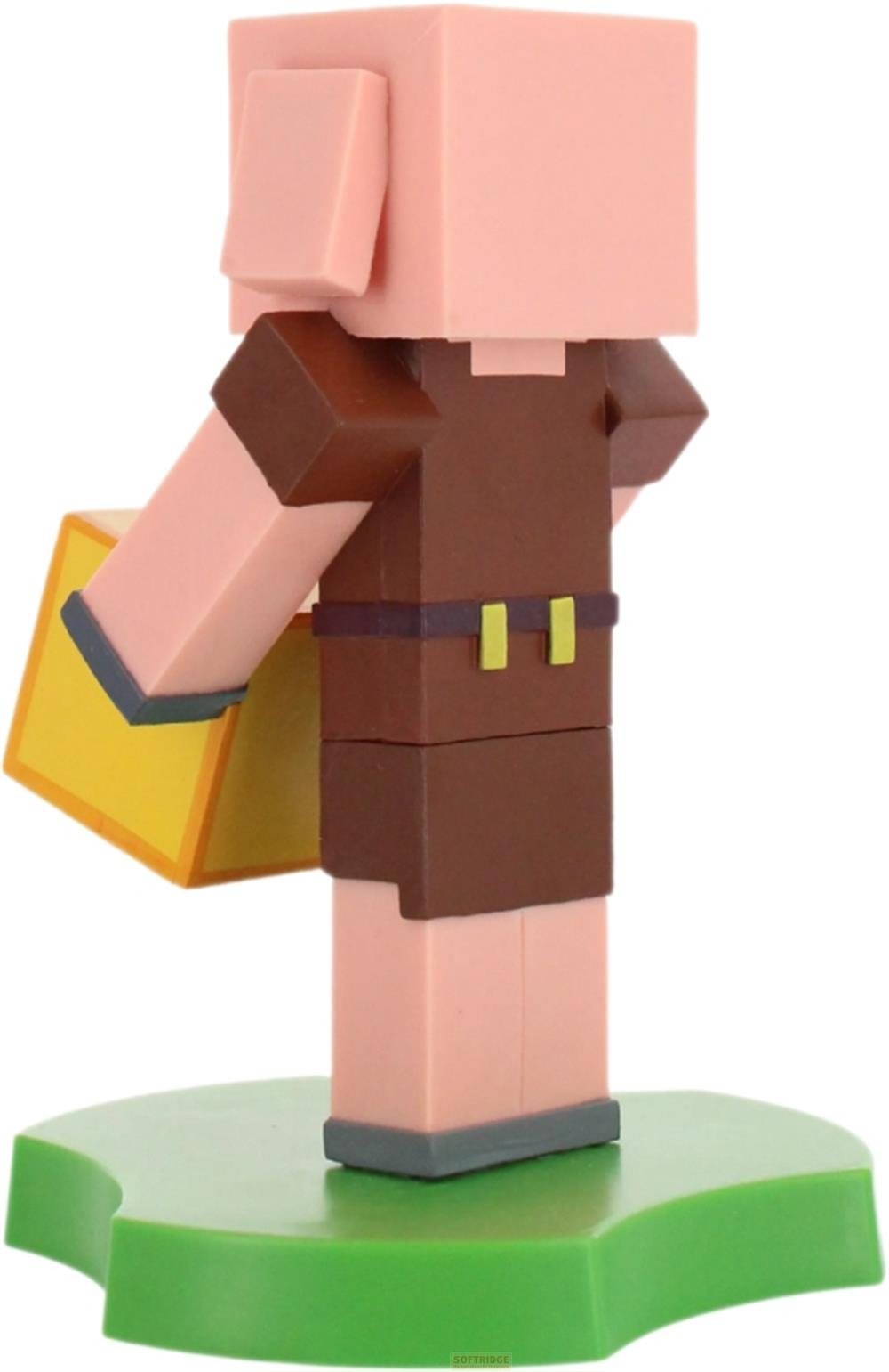 Ein Minecraft-Charakter mit Schweinekopf, brauner Kleidung und gelbem Schild auf grünem Sockel.