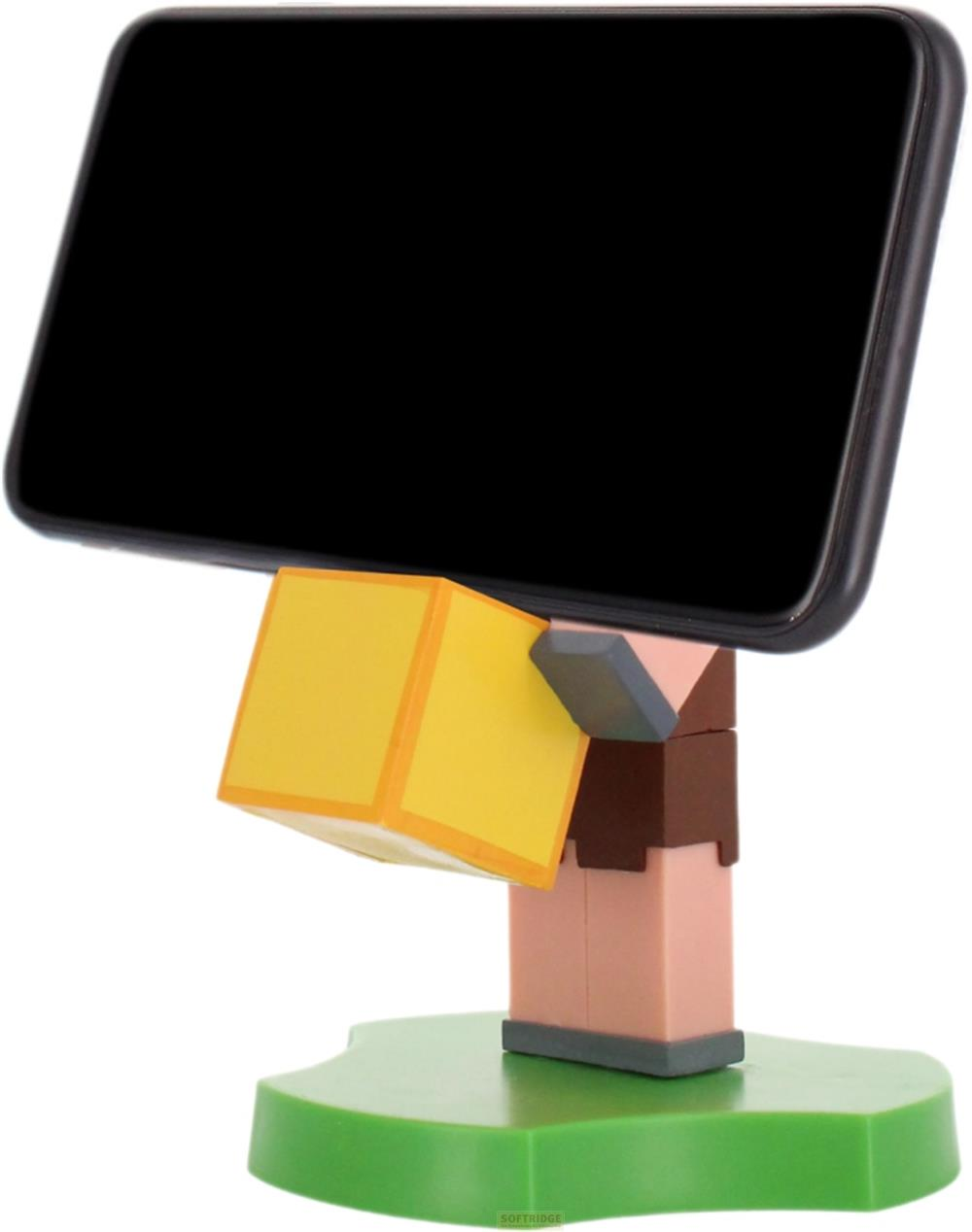 Ein Smartphone ruht auf einem Spielzeugständer mit Blockfiguren auf einer grünen Basis.