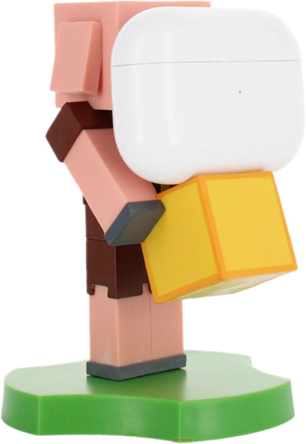 Pixelierte Figur hält weiße AirPods-Hülle und gelben Block auf grünem Sockel.
