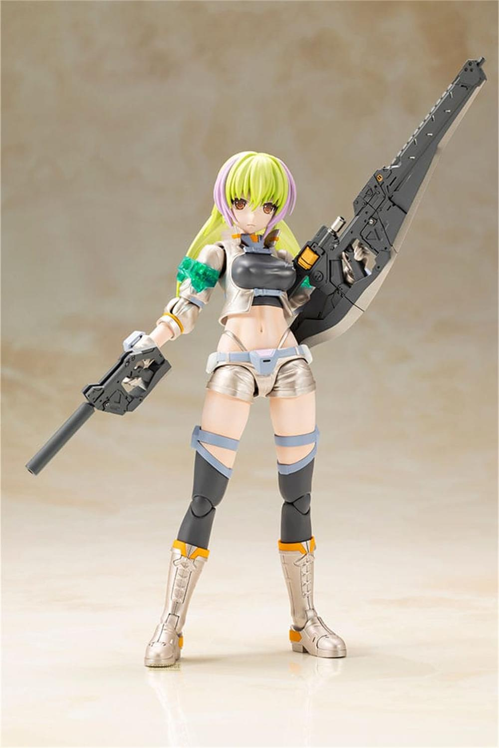 Eine Actionfigur mit hellgrünem Haar und lila Akzenten hält zwei Waffen.