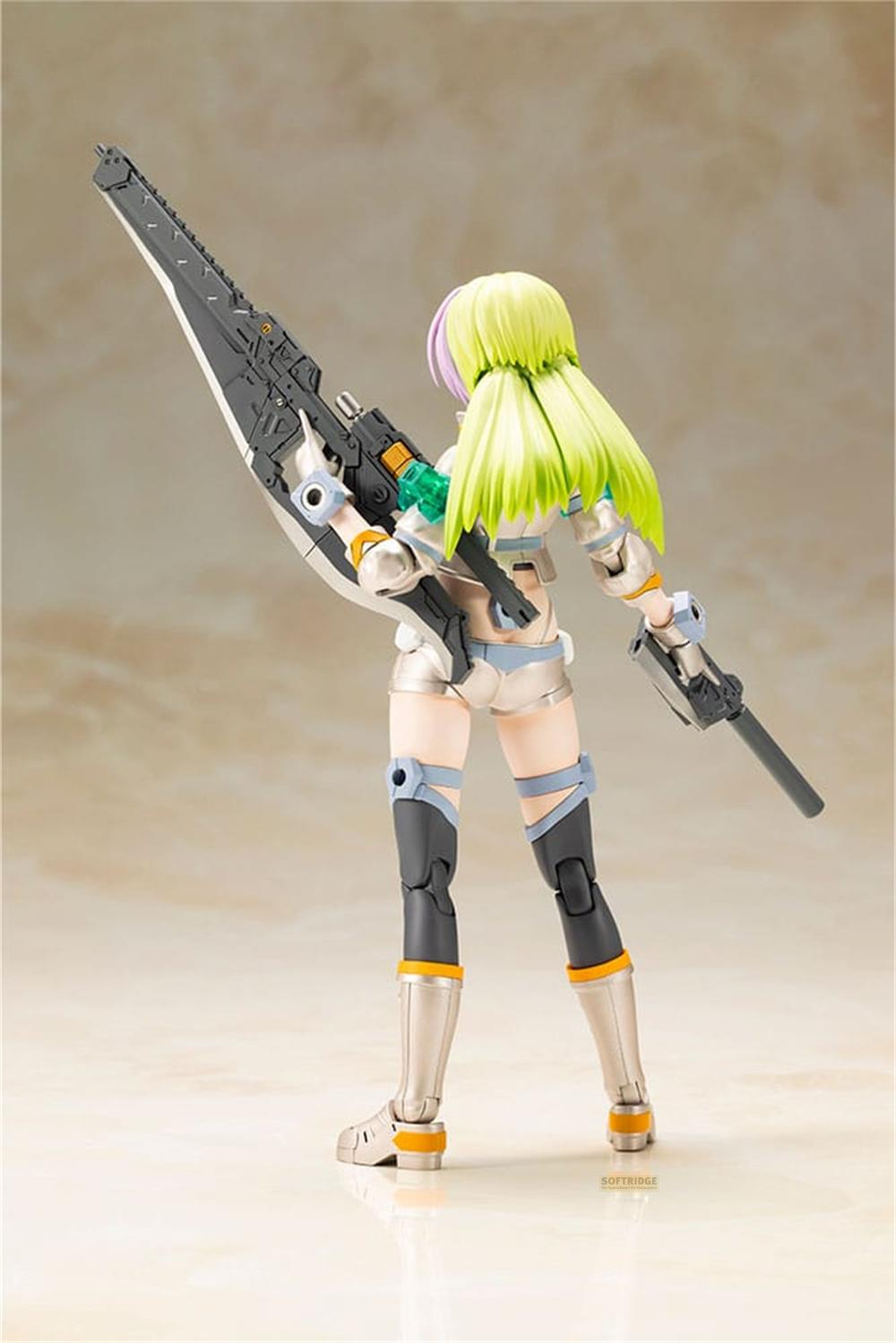 Eine Figur mit hellgrünem Haar und lila Strähnen hält eine große Waffe.