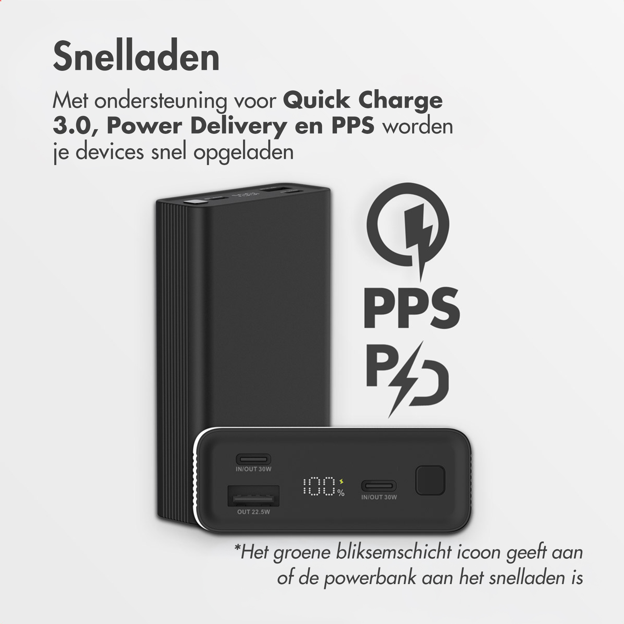 Batterie externe noire avec écran de charge, icônes Quick Charge, PD et PPS.