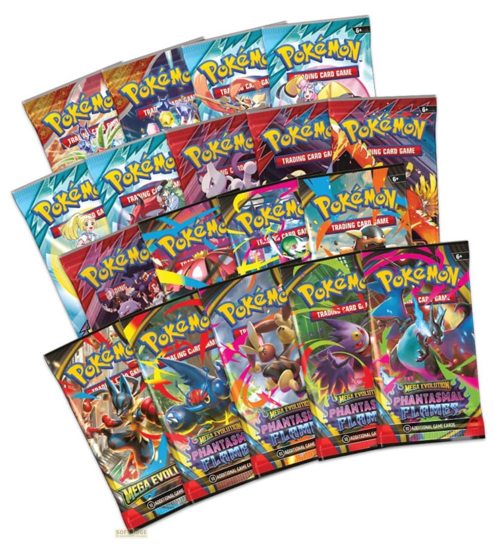 Eine Auswahl von Pokémon-Sammelkartenspiel-Boosterpacks mit verschiedenen Motiven.