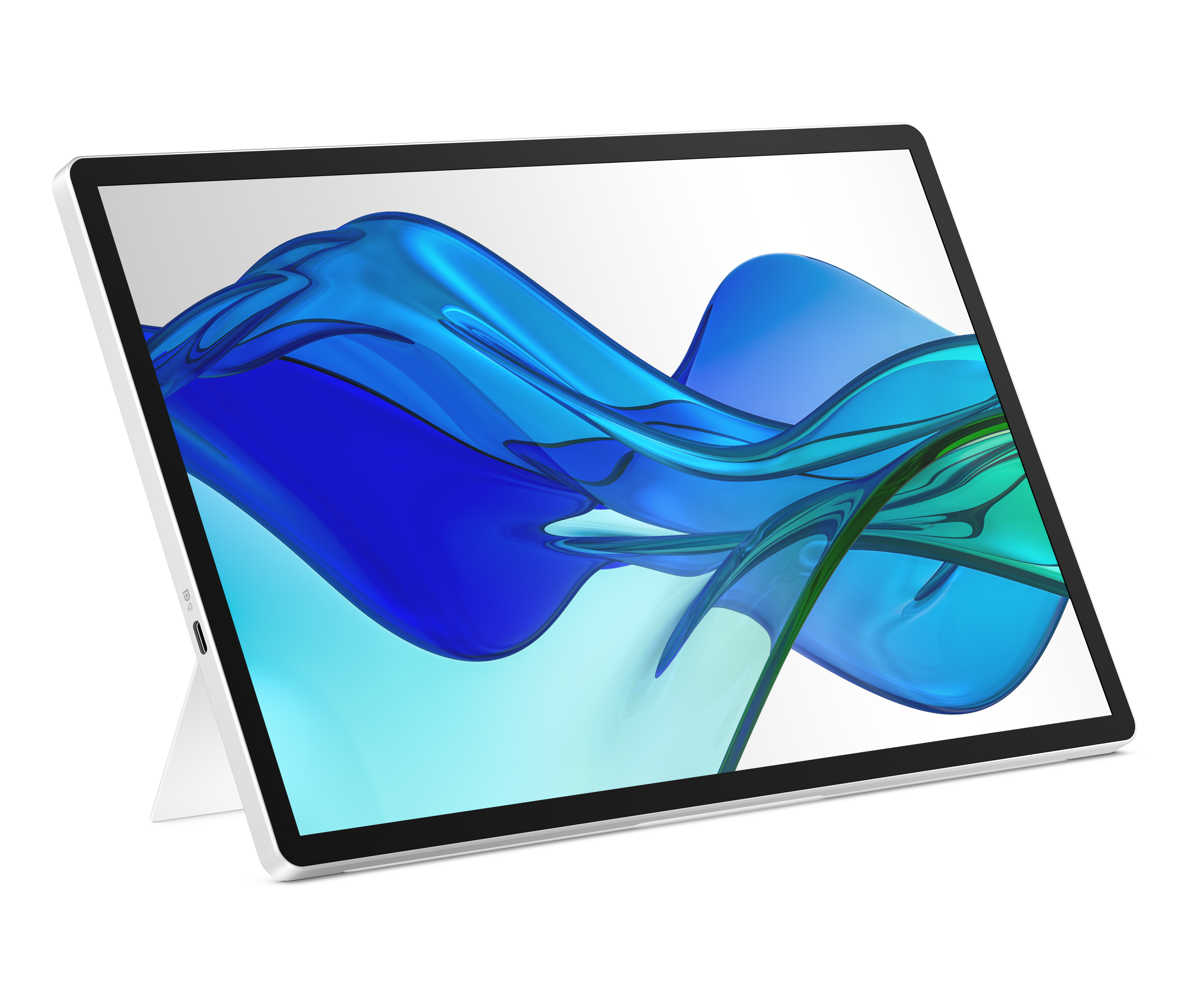 Srebrny tablet z niebieskim, płynnym wzorem na ekranie.