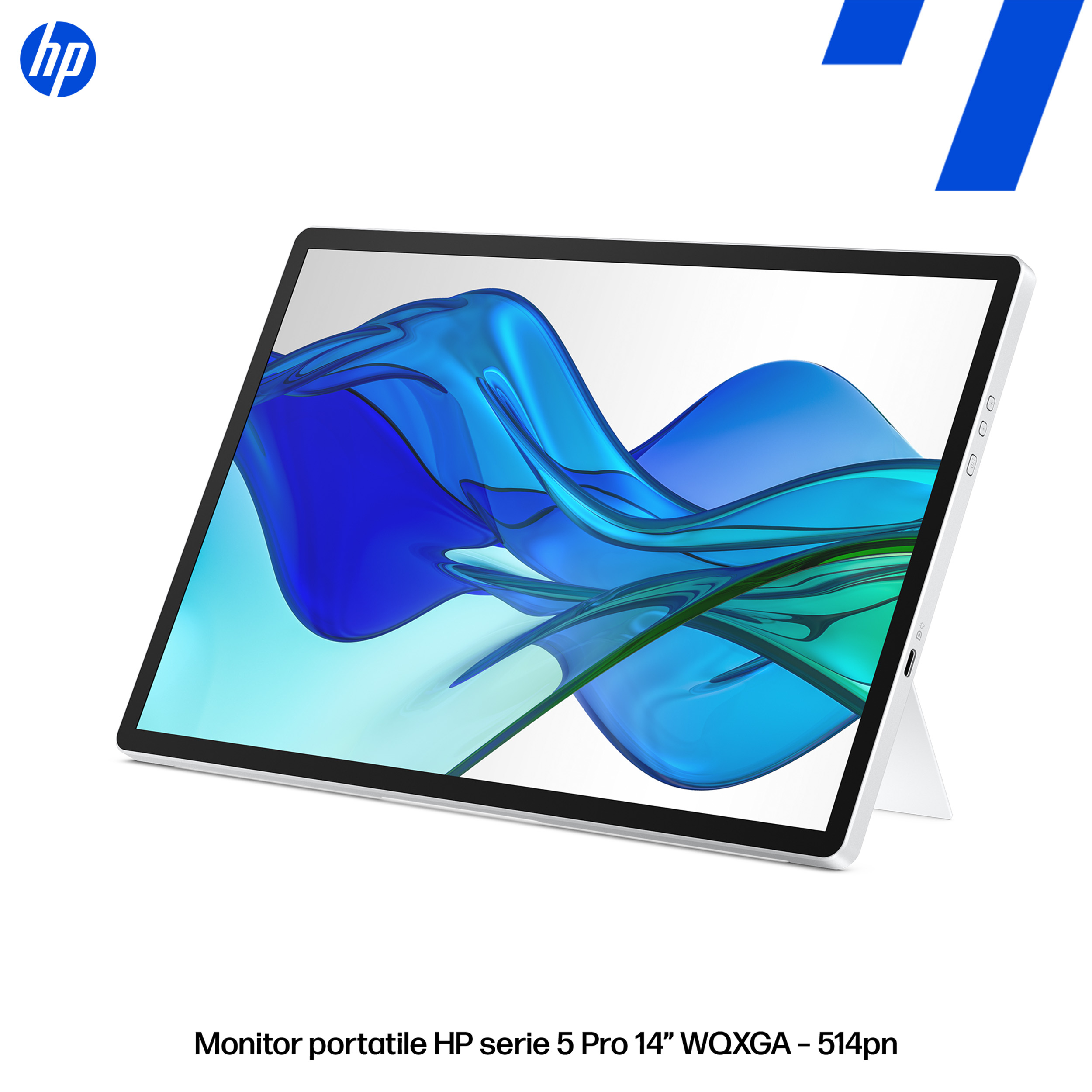 Monitor HP z niebieskim falistym tłem i logo HP.