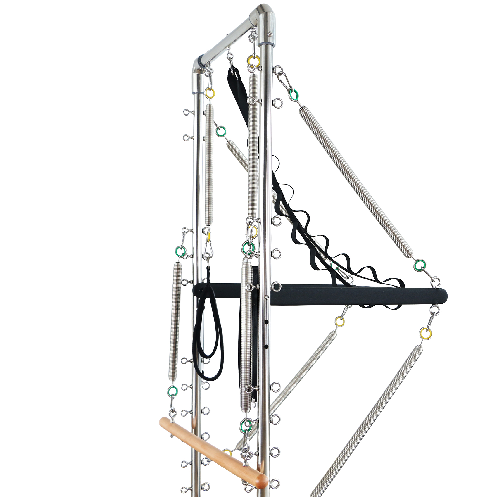 Pilates Reformer-Gerät mit Metallfedern, Riemen und Holzstange.