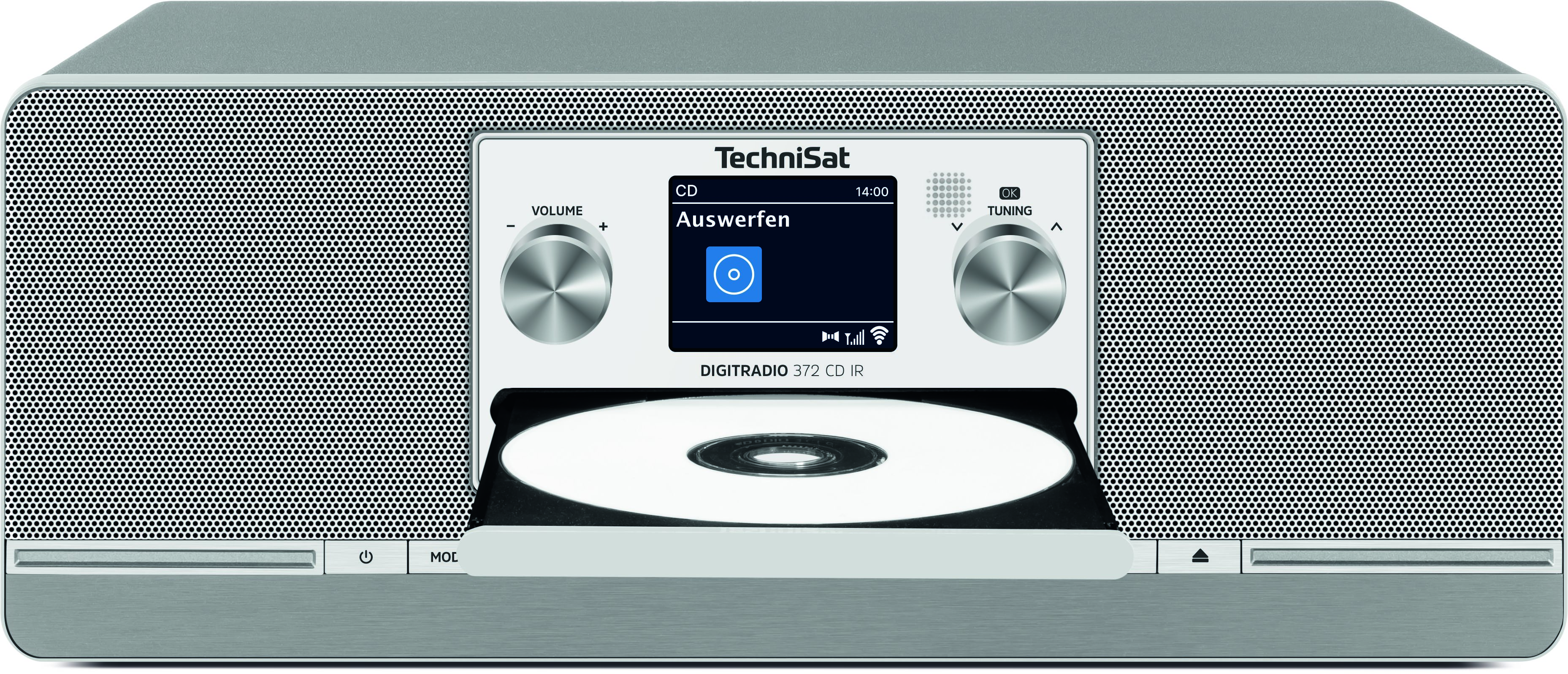 Un TechniSat Digiradio 372 CD IR argento con slot CD e display.