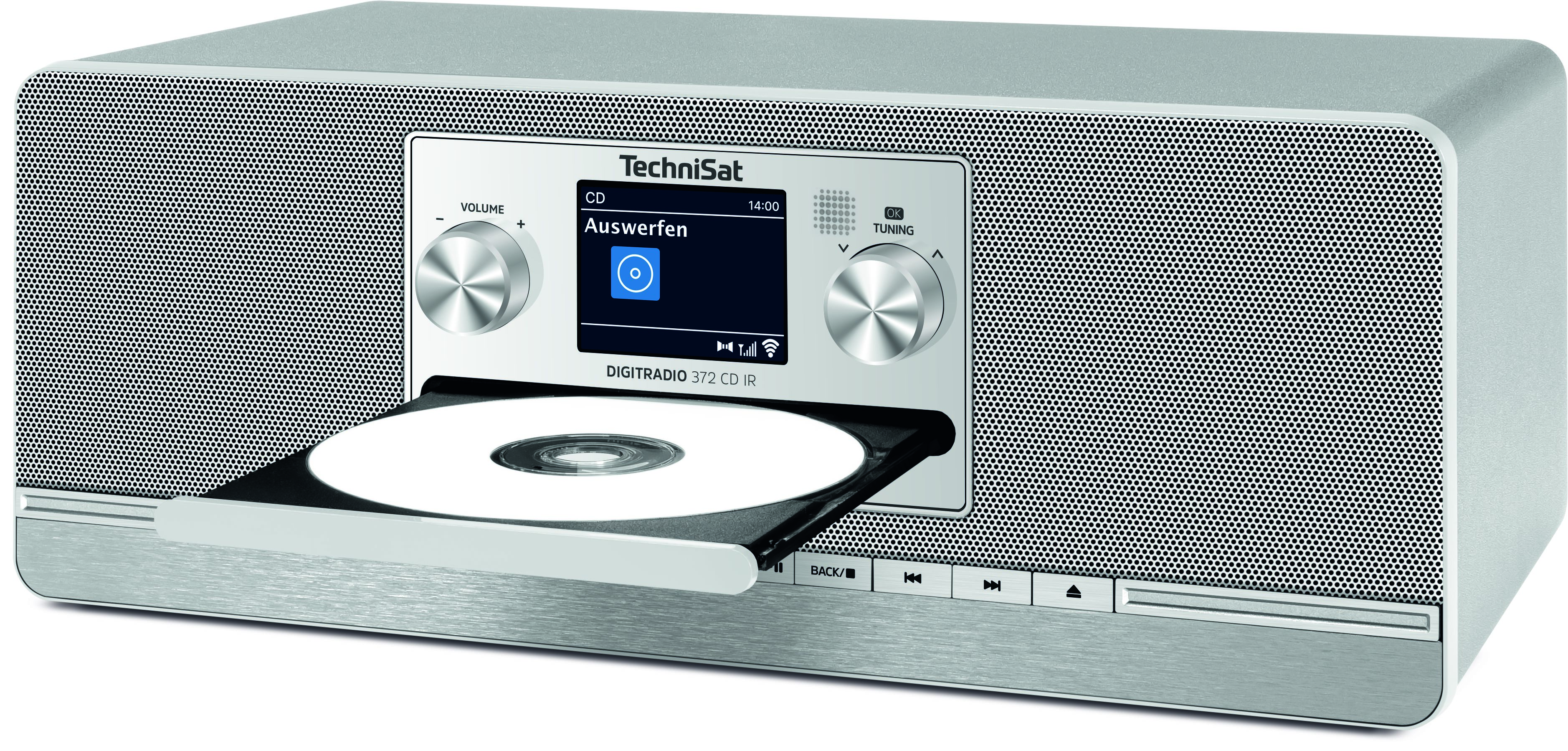 Un TechniSat Digiradio 372 CD IR argentato con un cassetto CD.