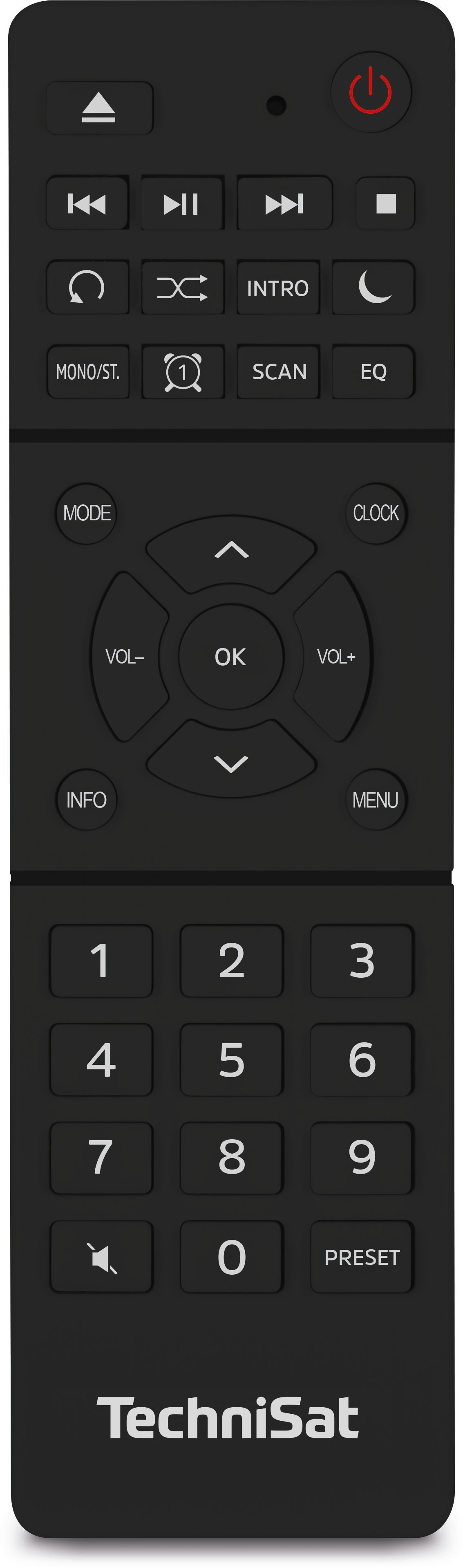 Telecomando nero con pulsanti per riproduzione, volume, numeri e menu.