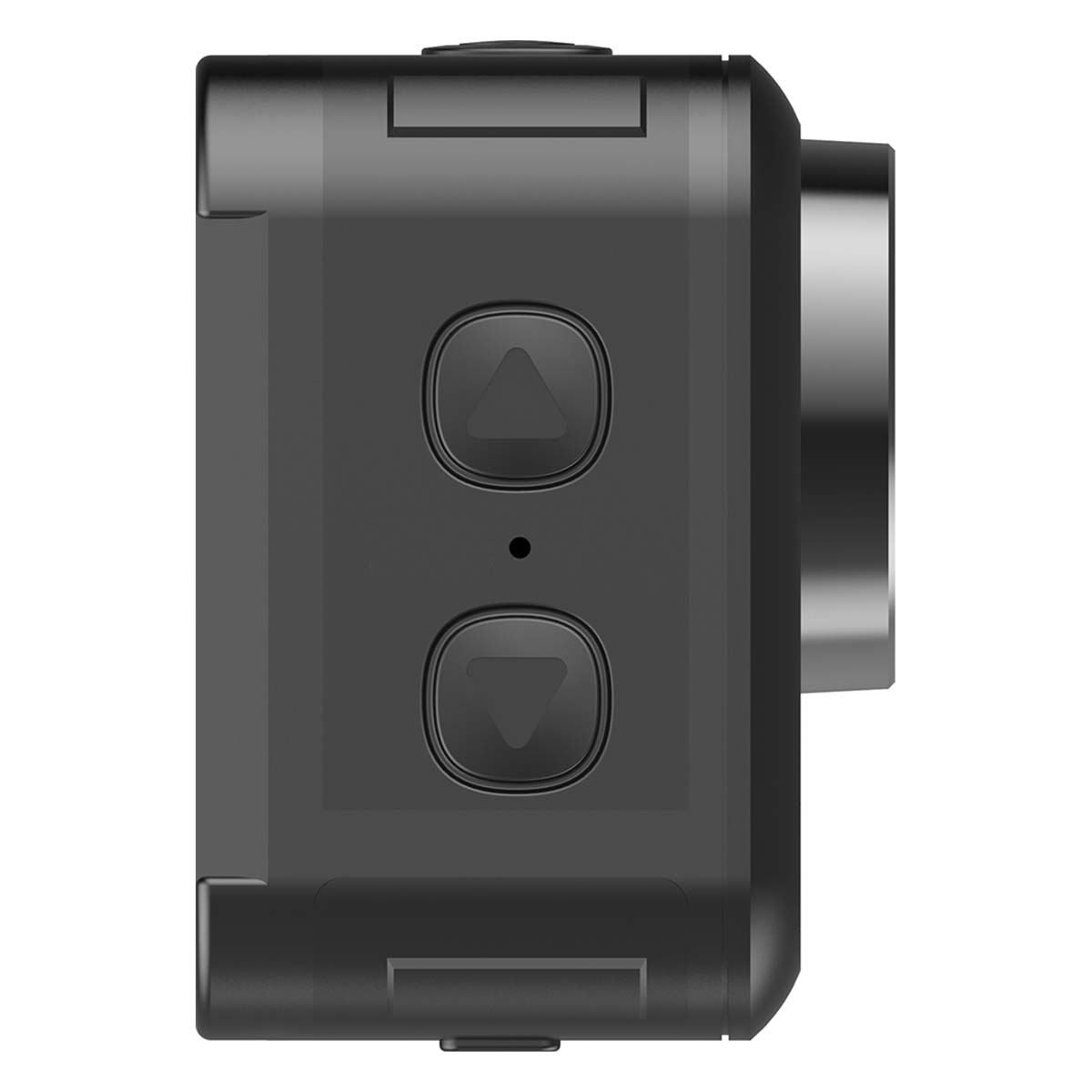 Widok z boku czarnej kamery sportowej z przyciskami i obiektywem.