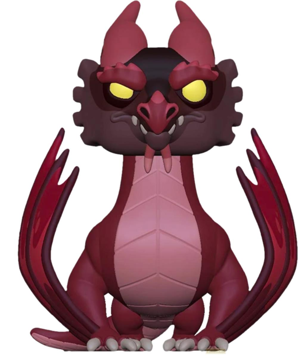Eine rote Drachenfigur mit gelben Augen und Hörnern sitzt.