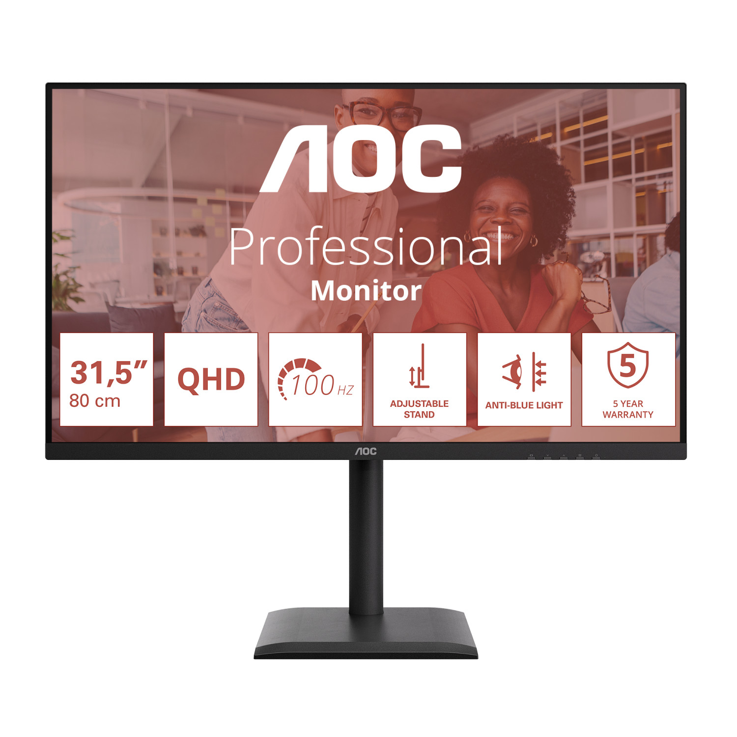 Monitor AOC QHD 31,5" 100Hz z regulowanym stojakiem i filtrem światła niebieskiego.
