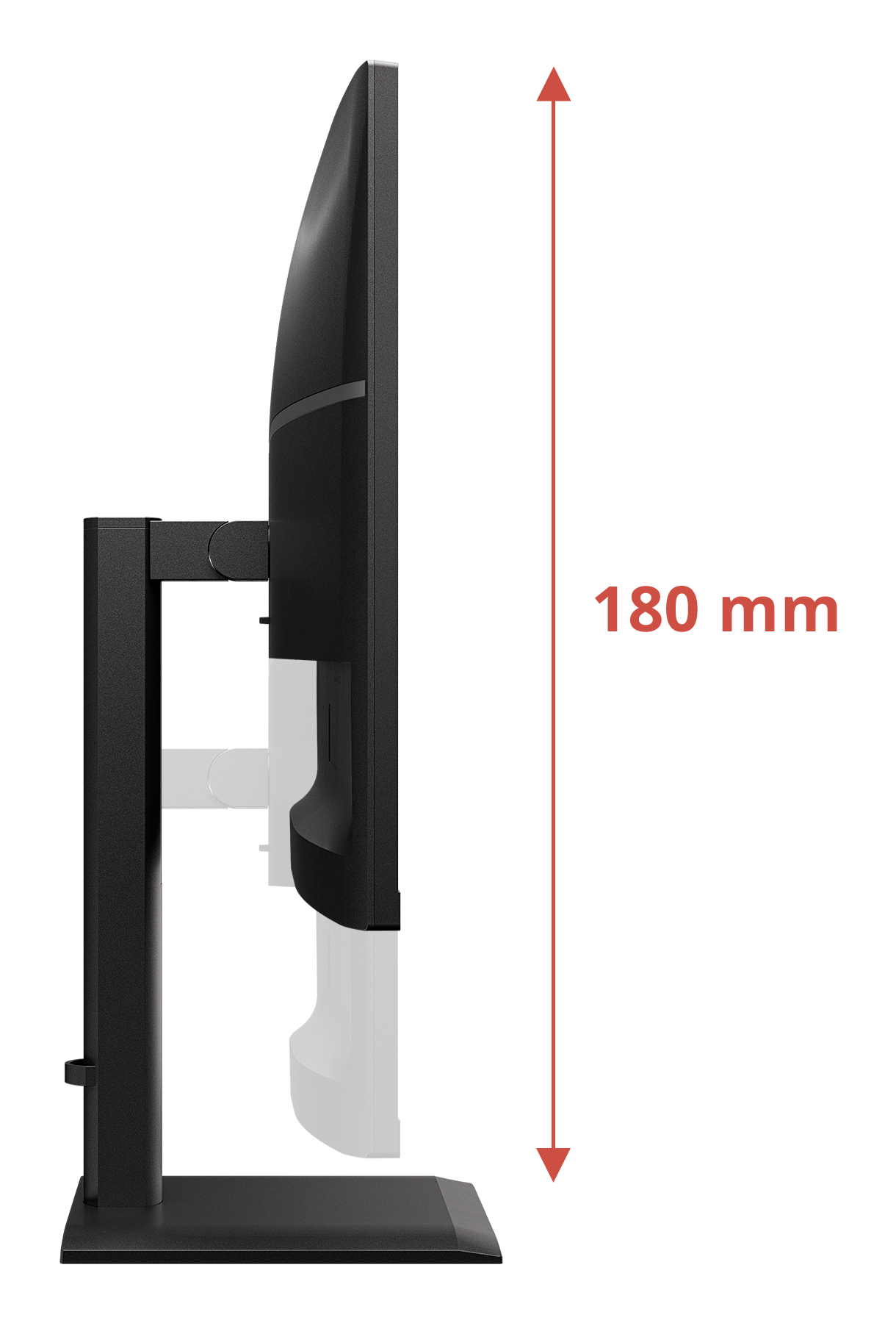 Widok z boku monitora na stojaku, wymiar wysokości 180 mm.