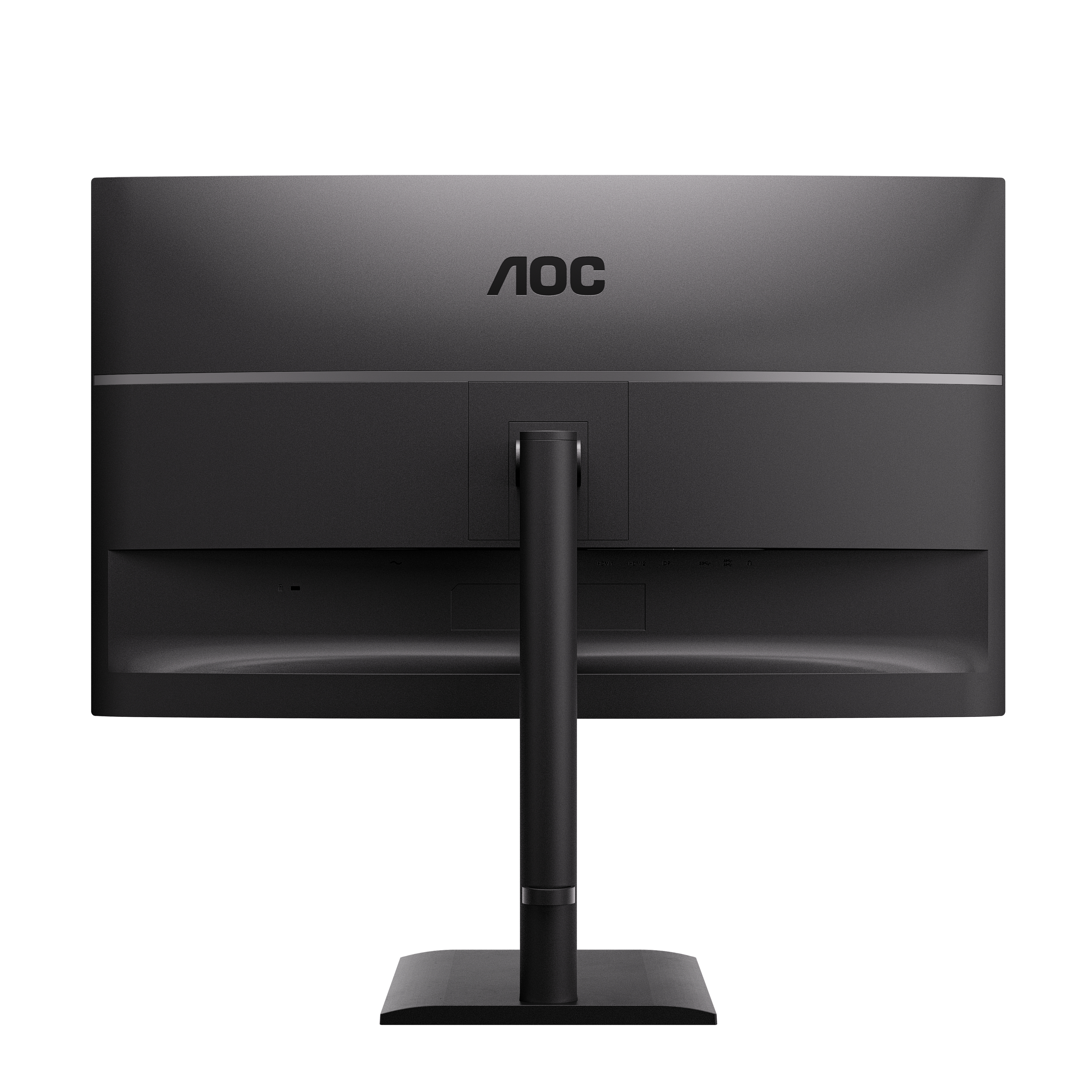 Tył czarnego monitora AOC ze stojakiem i portami.