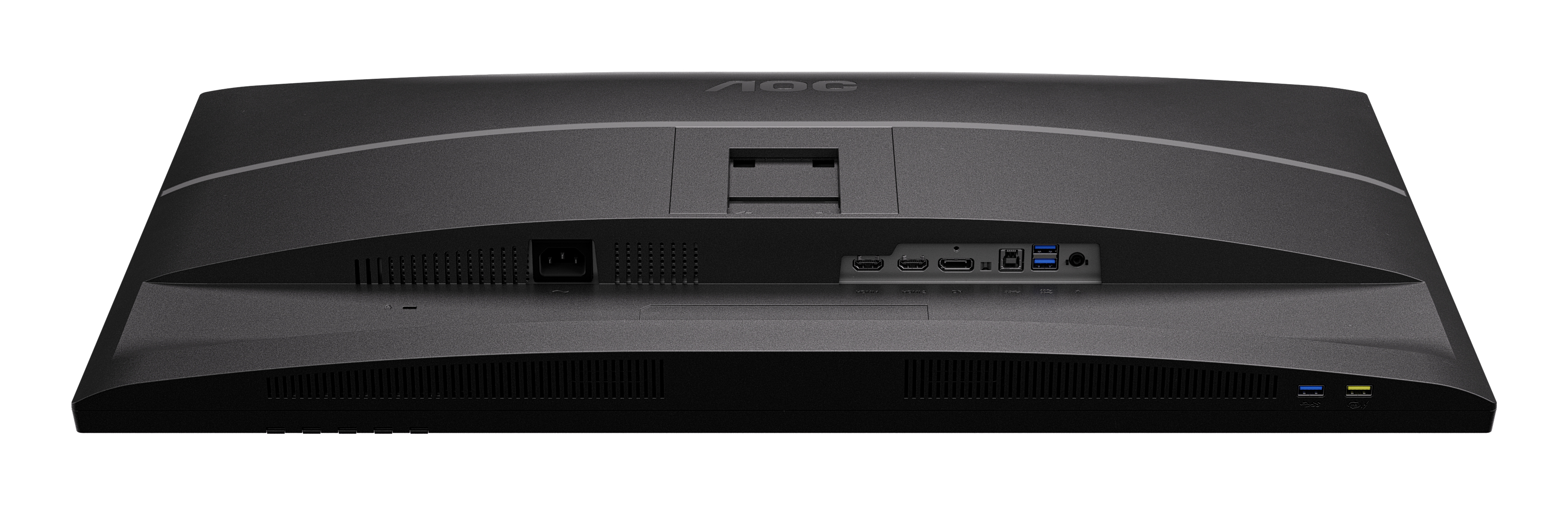 Tył czarnego monitora AOC, pokazujący porty HDMI, USB i zasilania.