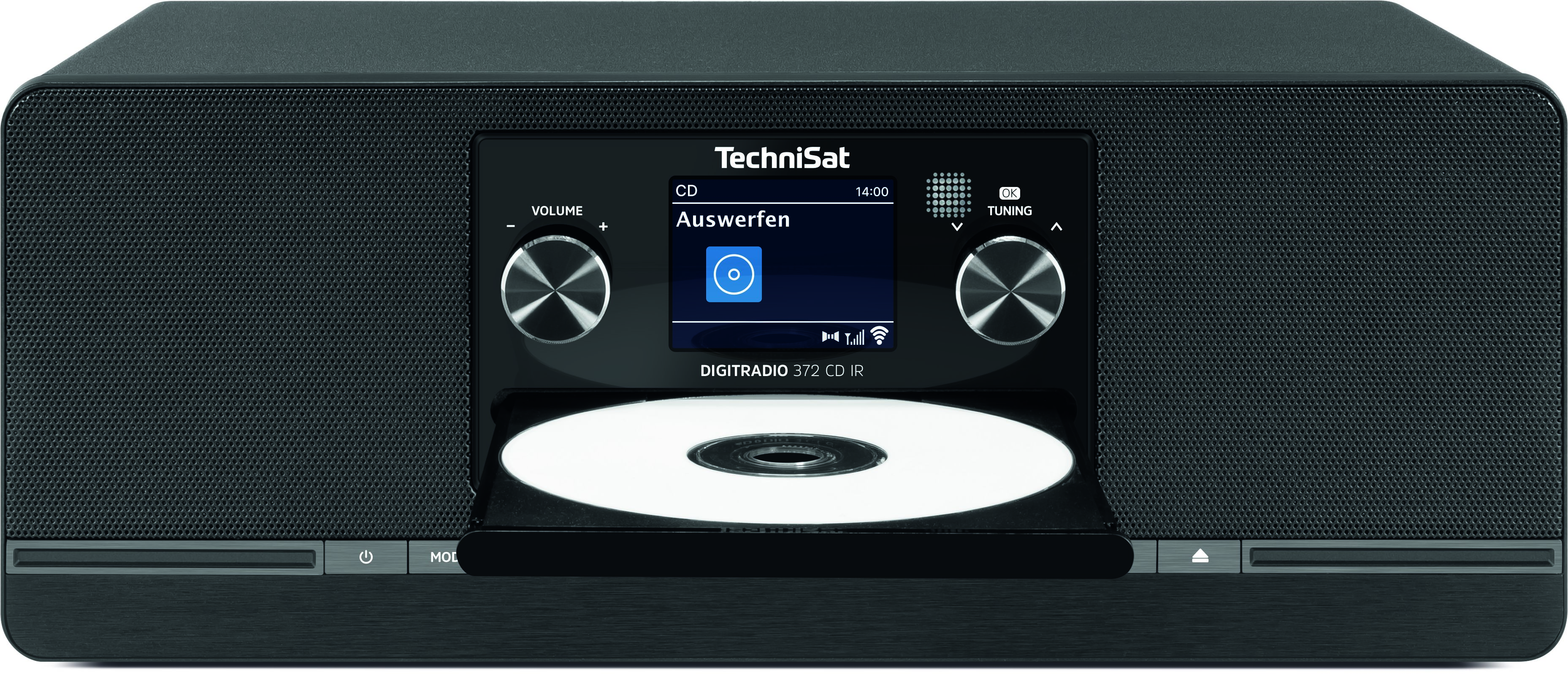 Une radio numérique TechniSat noire avec lecteur CD, molettes et écran.