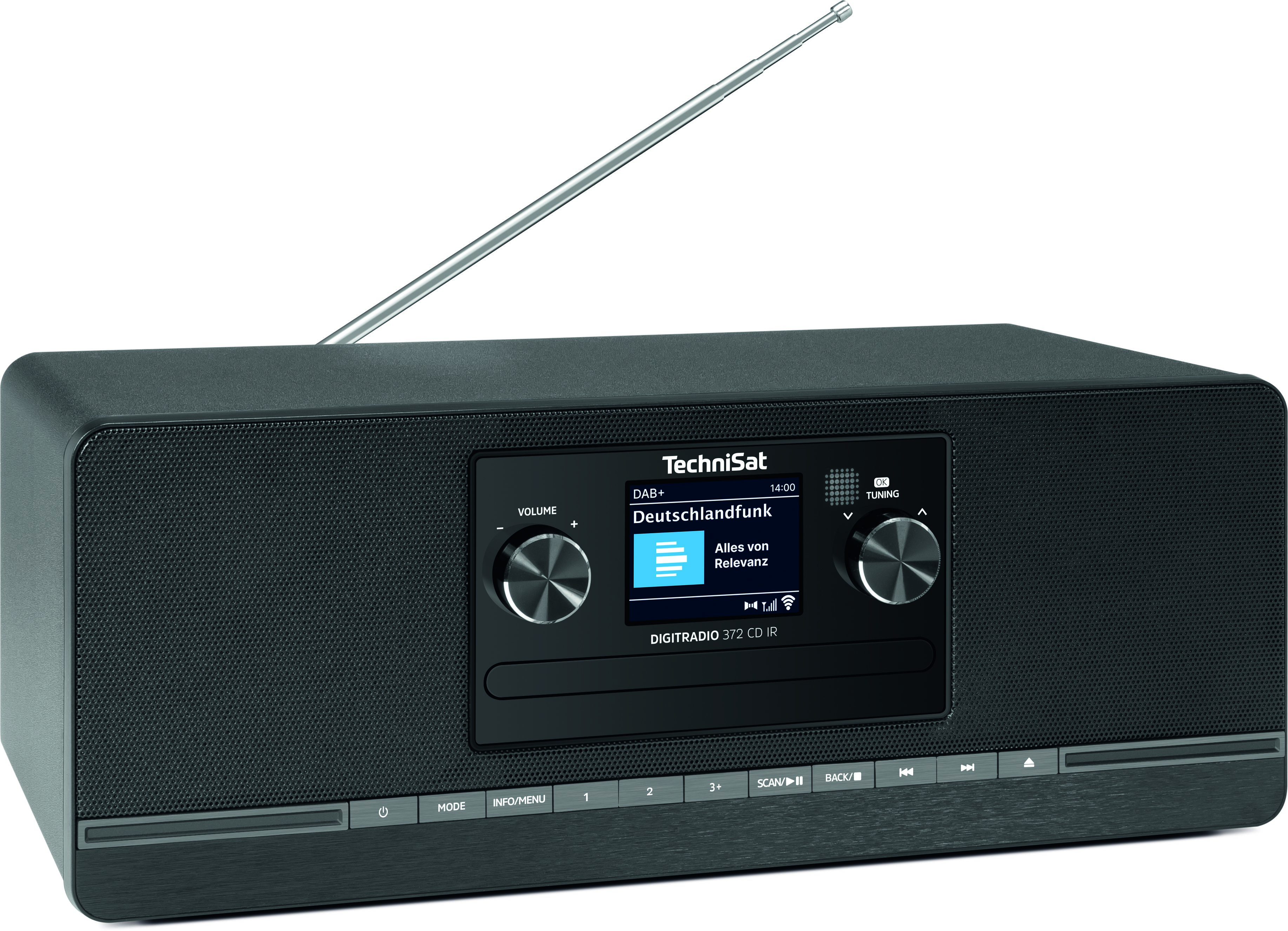 Un TechniSat Digiradio 372 CD IR noir avec son antenne déployée.