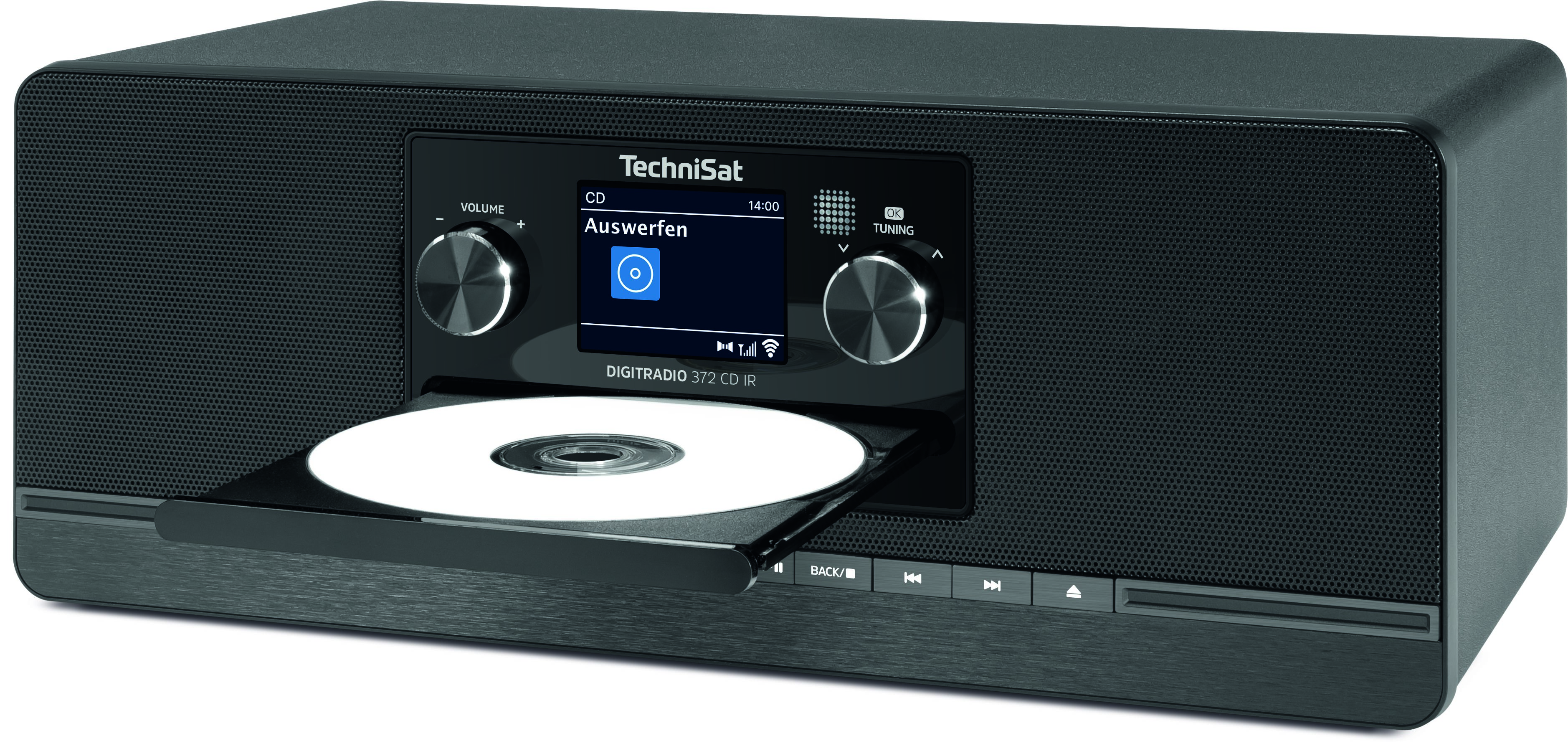Une radio numérique TechniSat noire avec son tiroir CD étendu et un CD inséré.