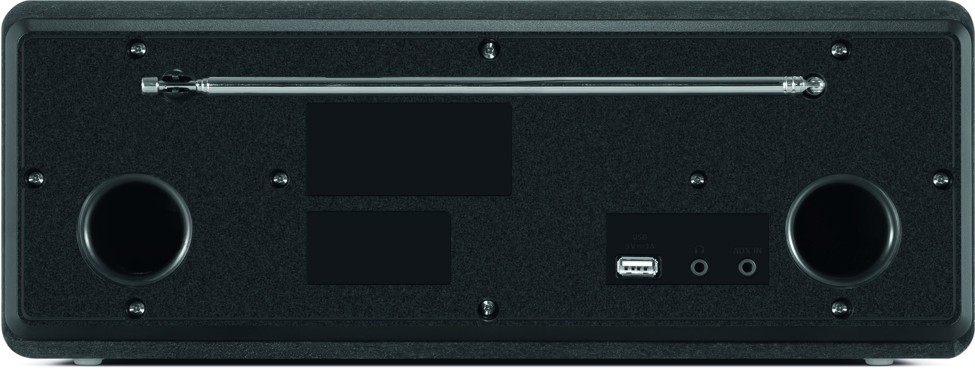 Arrière d'une radio noire avec antenne extensible, haut-parleurs, port USB et Aux.