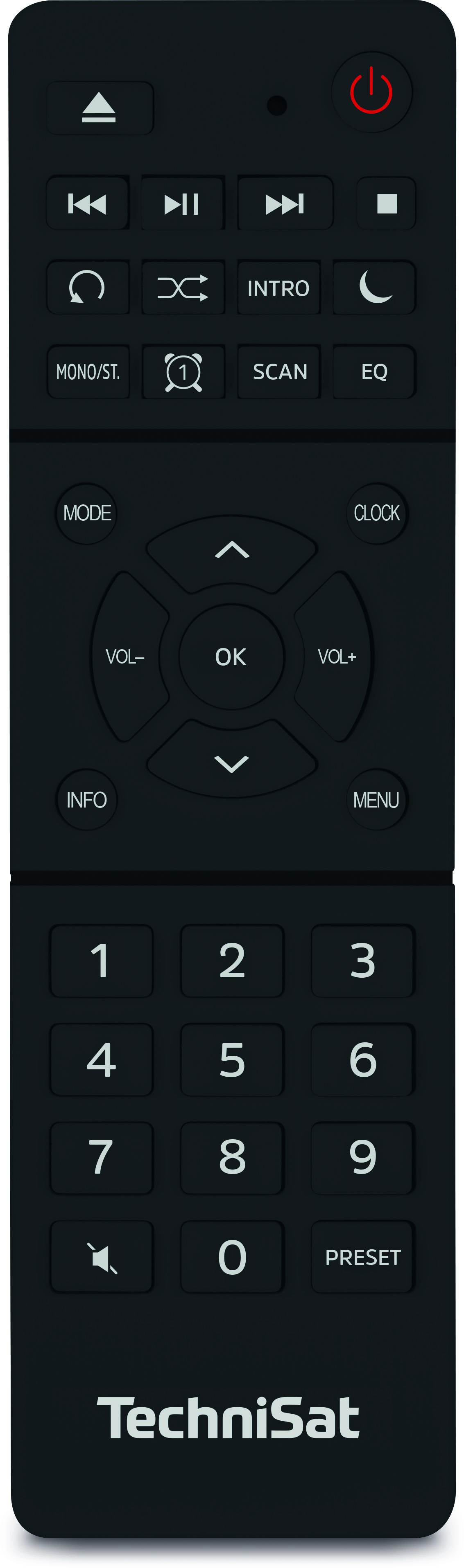 Télécommande noire avec boutons de lecture, volume, menu et pavé numérique.